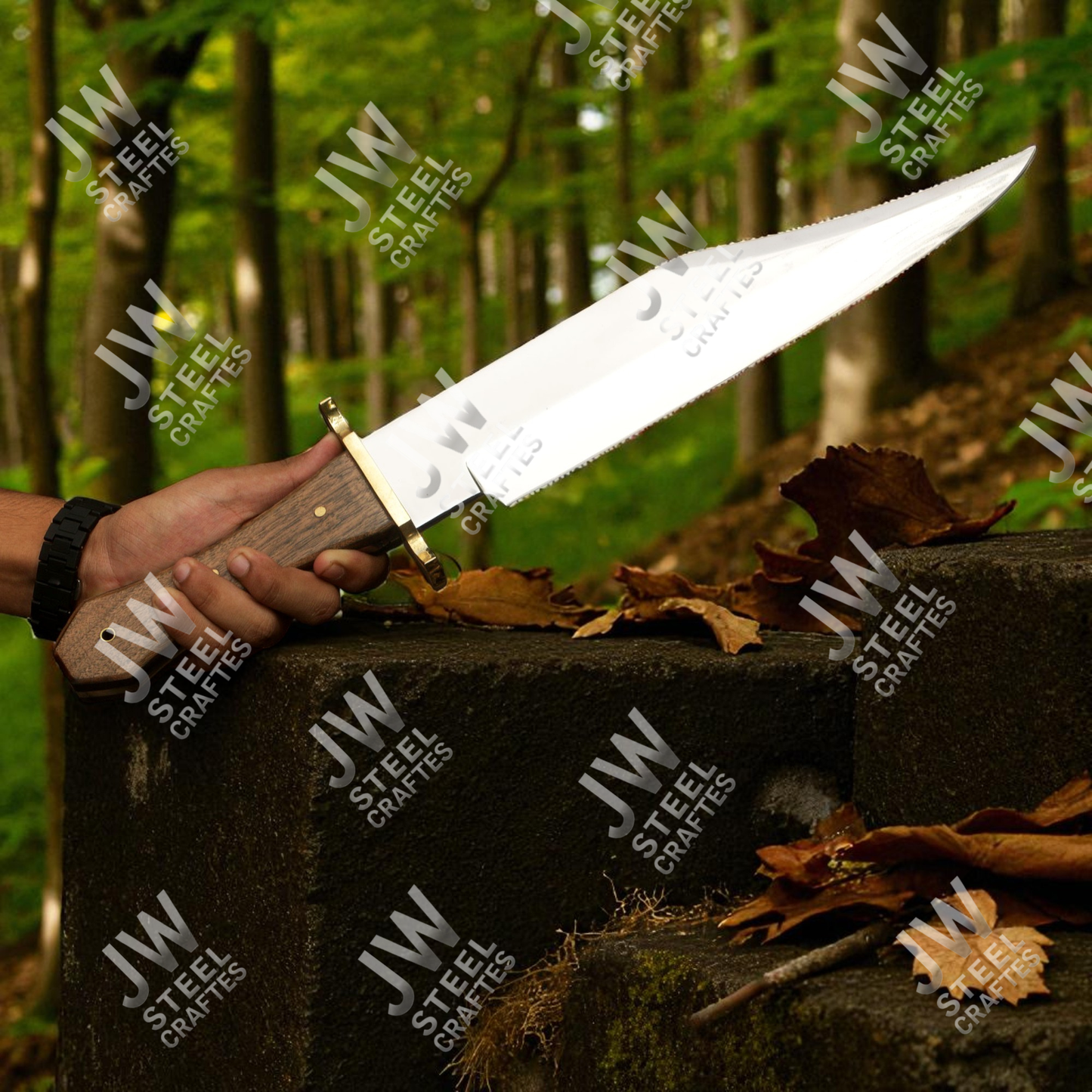 Hand Forged High Carbon Steel Bowie Knife with Rosewood Handle & Leather Sheath – 20" Hunting, Camping, Survival Knife