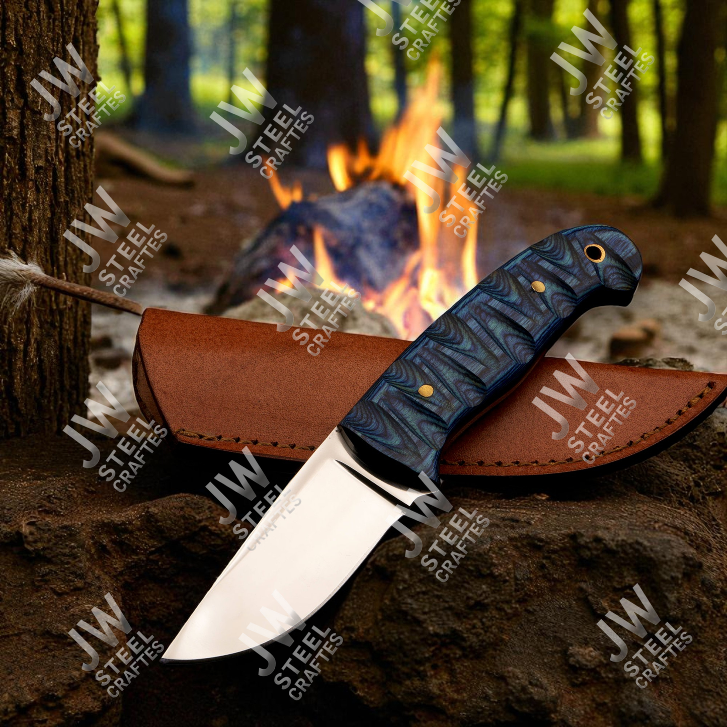 Hand Forged J2 Stainless Steel Skinner Knife with Blue Pakka Wood Handle & Leather Sheath – Hunting, Camping, EDC