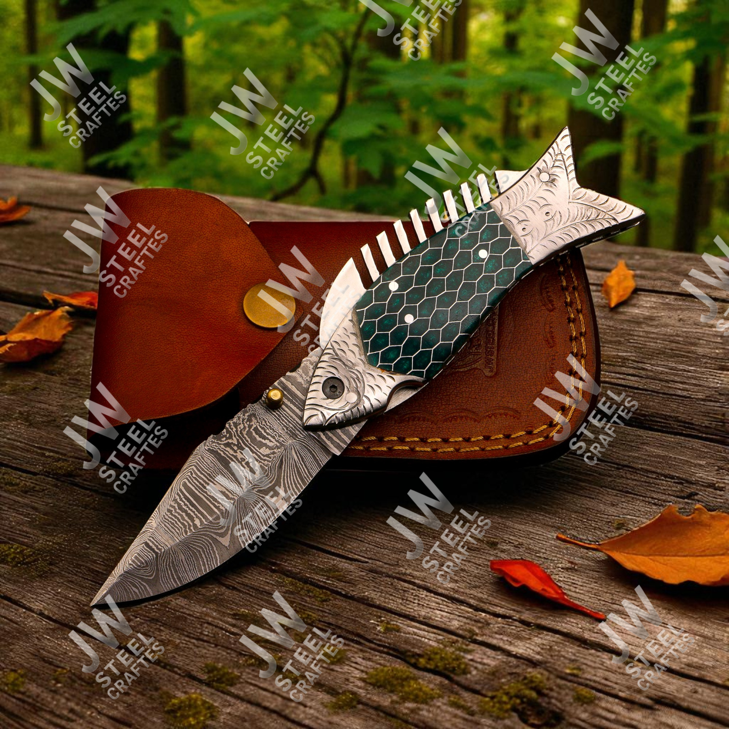 Hand-Forged Damascus Steel Folding Knife – Green Honeycomb Resin Fish Handle with Leather Sheath | Custom Collectible Gift