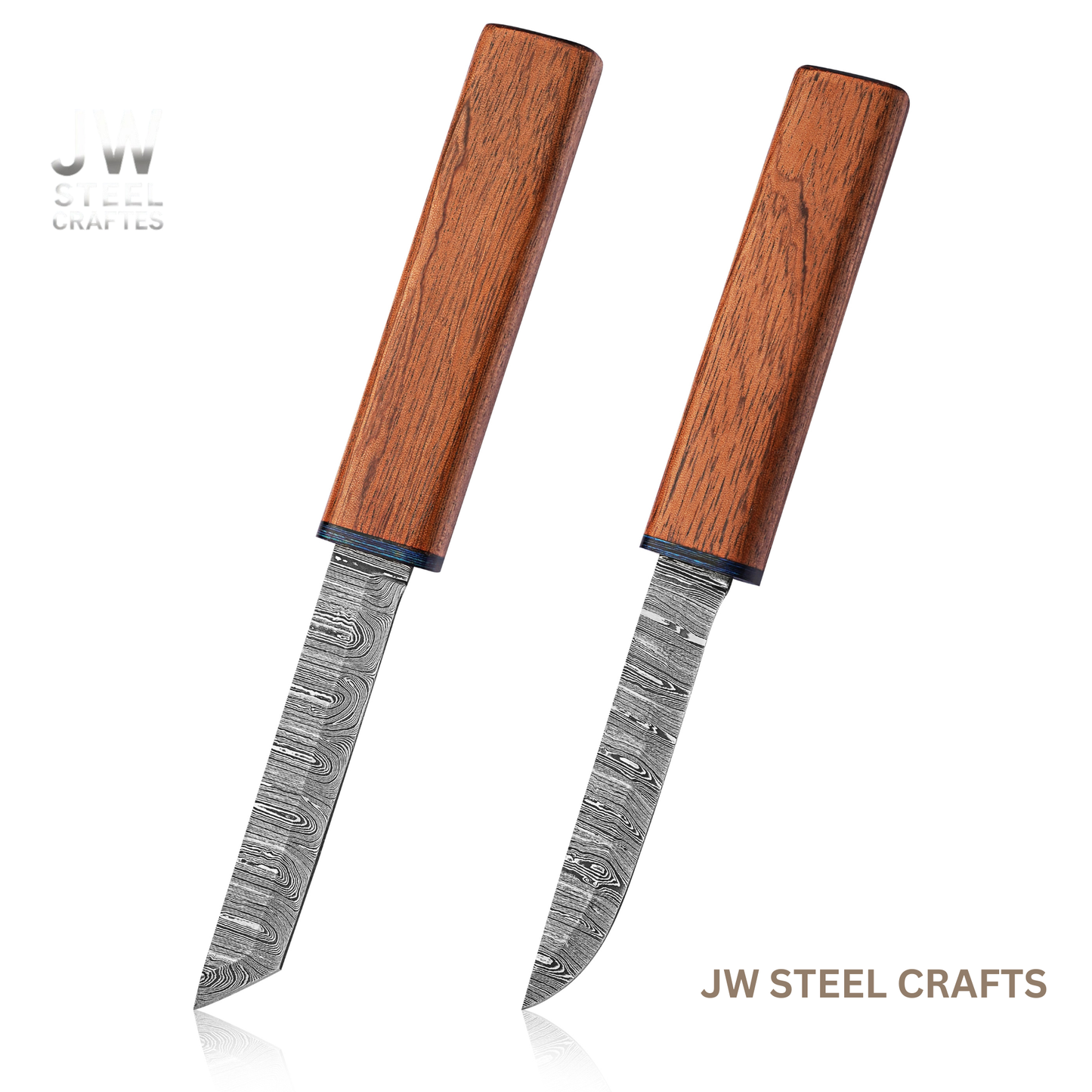 Two knives with wooden handles and damascus steel blades on a white background, branded 'JW Steel Crafts'.