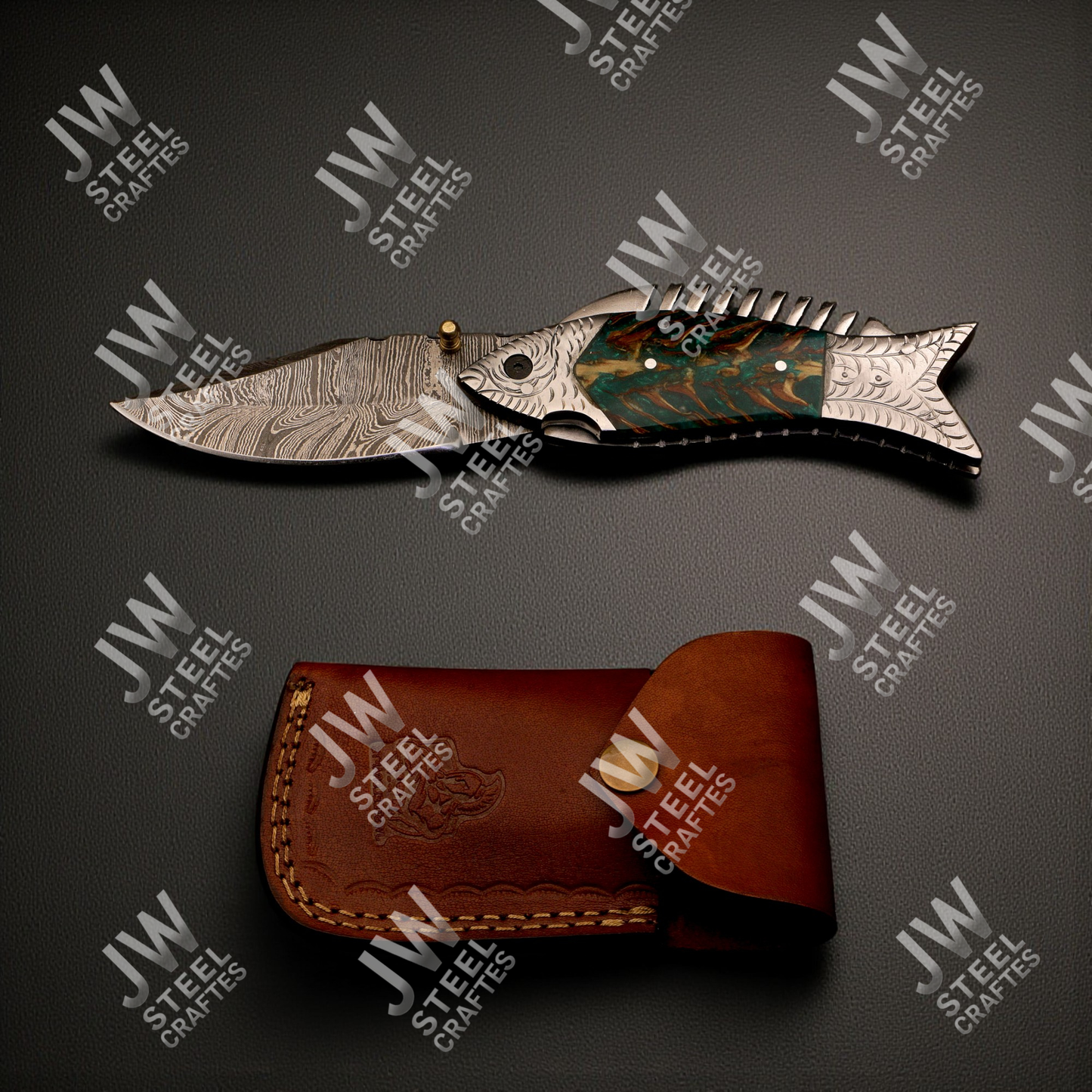 Hand-Forged Damascus Steel Folding Knife – Fish Design with Green-Brown Resin Handle & Leather Sheath | Custom Collectible Gift for Him
