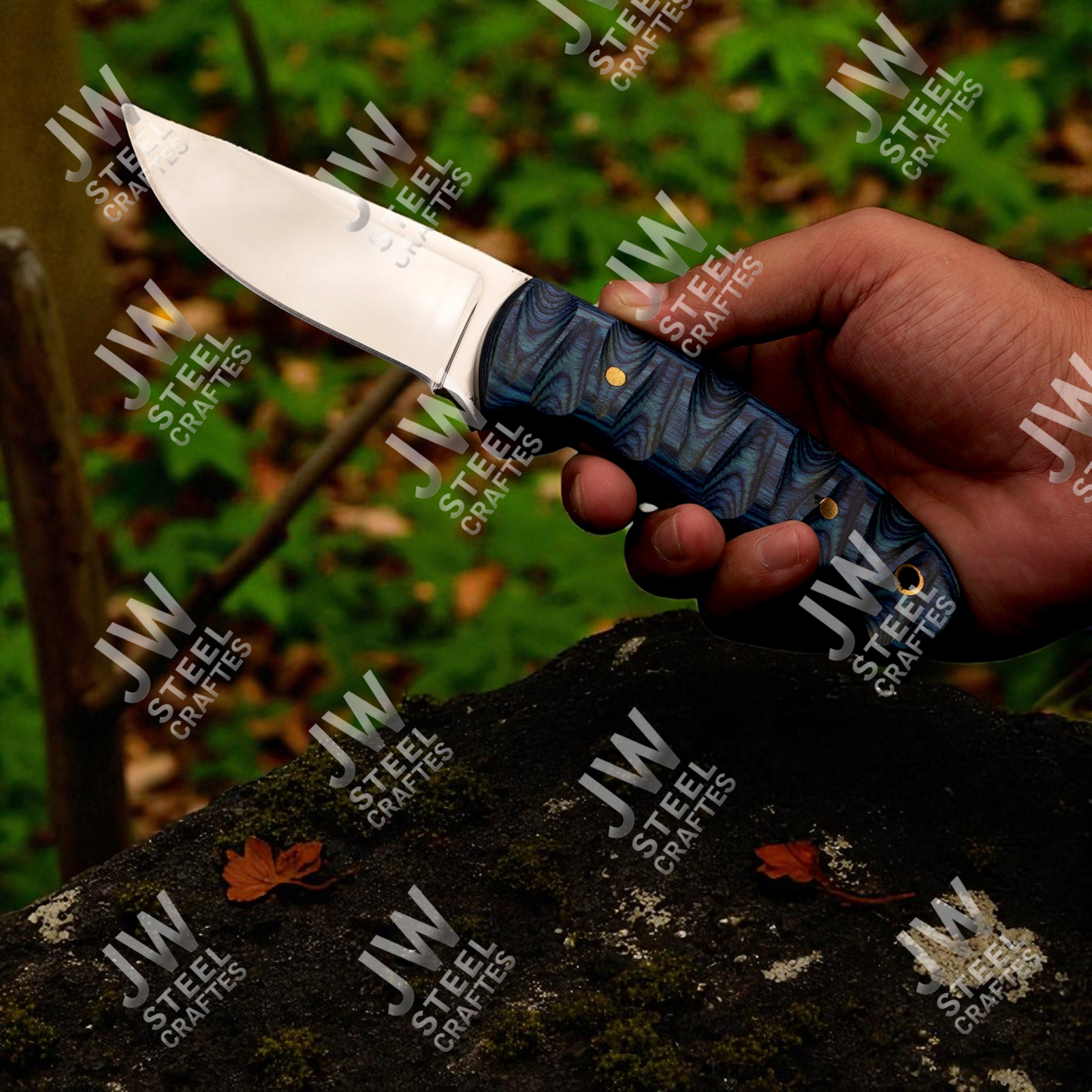 Hand Forged J2 Stainless Steel Skinner Knife with Blue Pakka Wood Handle & Leather Sheath – Hunting, Camping, EDC