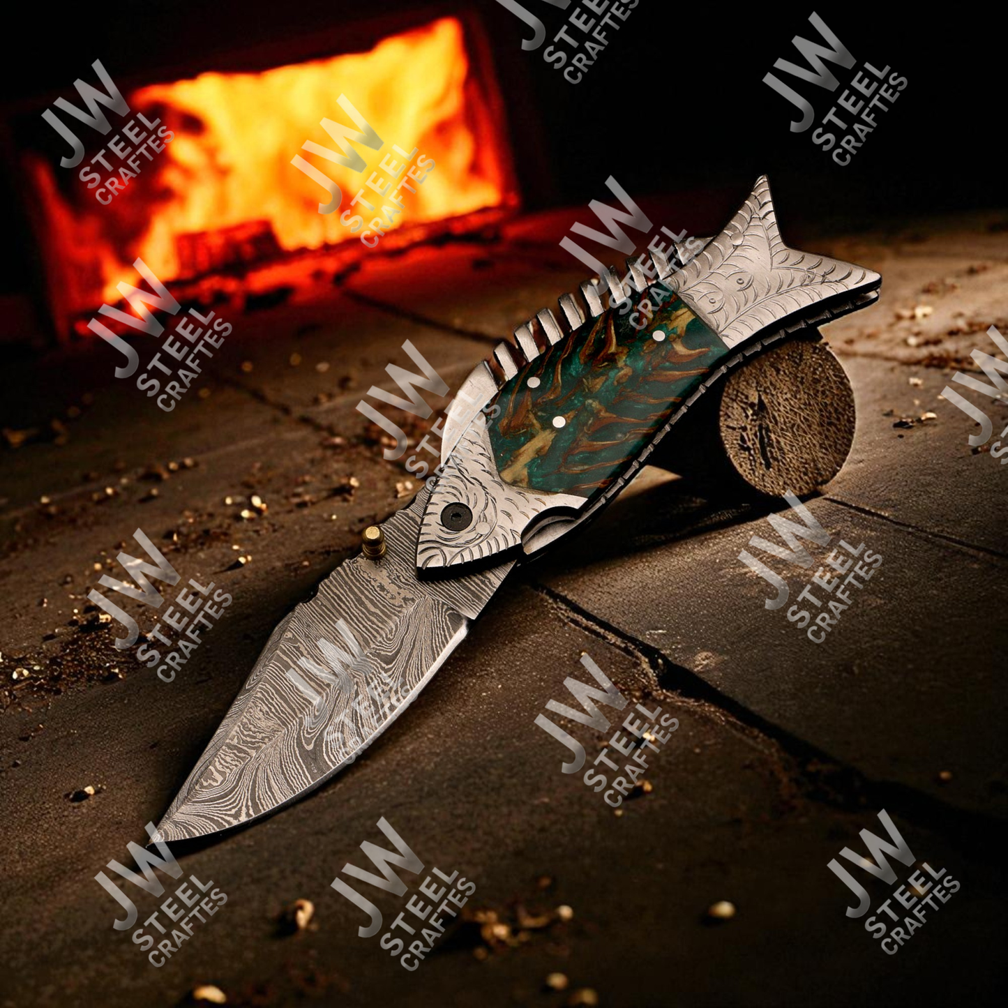 Hand-Forged Damascus Steel Folding Knife – Fish Design with Green-Brown Resin Handle & Leather Sheath | Custom Collectible Gift for Him