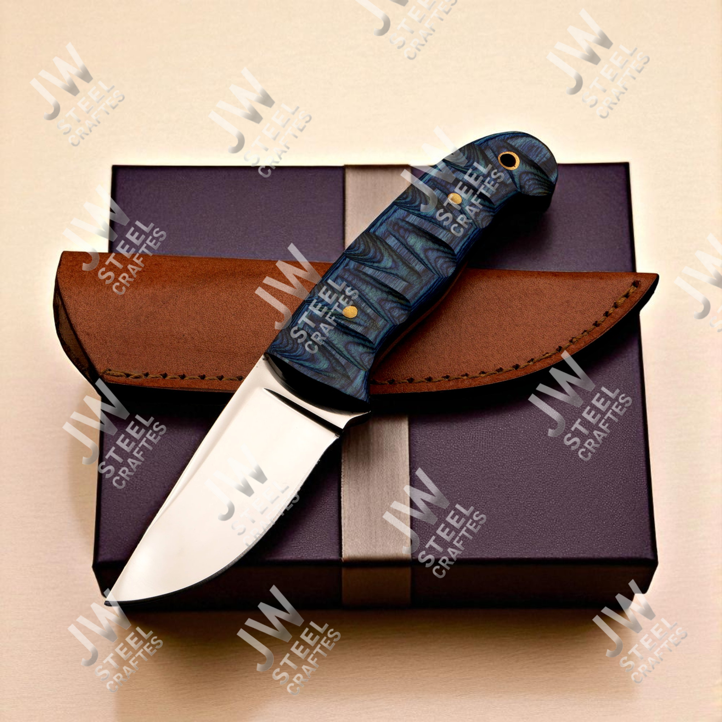 Hand Forged J2 Stainless Steel Skinner Knife with Blue Pakka Wood Handle & Leather Sheath – Hunting, Camping, EDC