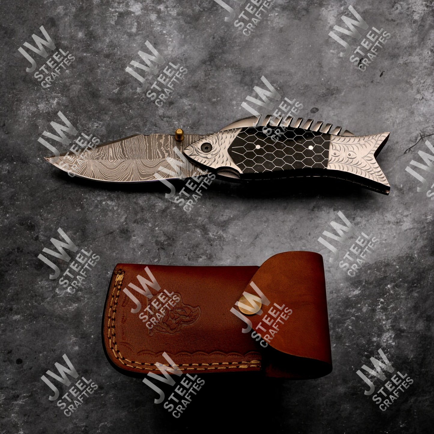 Hand-Forged Damascus Steel Folding Knife – Fish Design Pocket Knife with Resin Handle & Leather Sheath | Unique Collectible Gift for Him