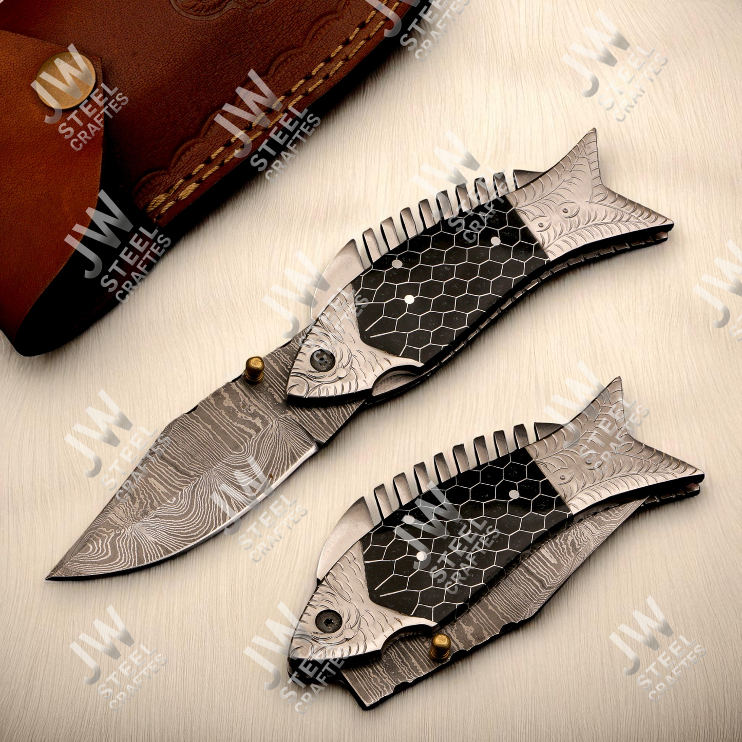 Hand-Forged Damascus Steel Folding Knife – Fish Design Pocket Knife with Resin Handle & Leather Sheath | Unique Collectible Gift for Him