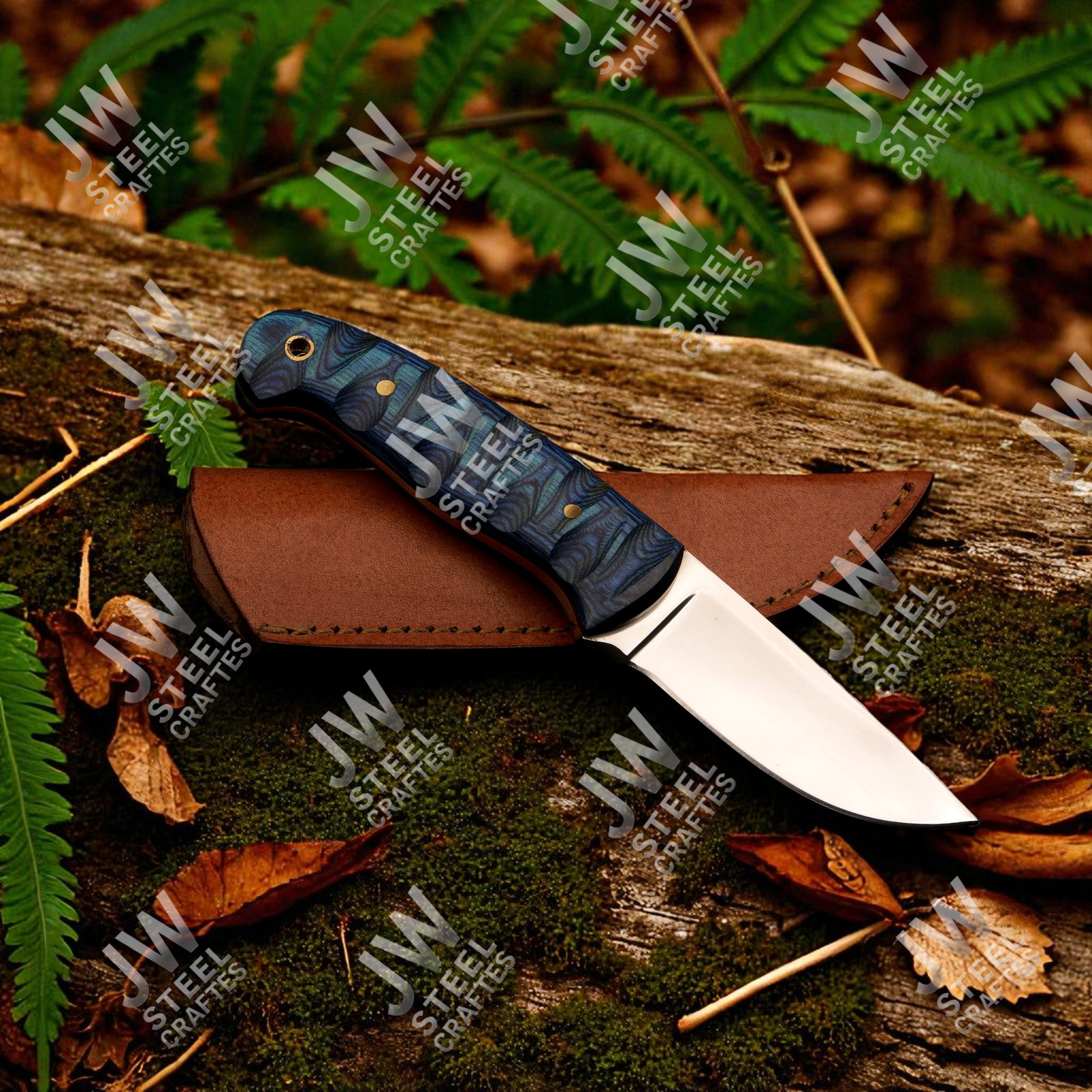 Hand Forged J2 Stainless Steel Skinner Knife with Blue Pakka Wood Handle & Leather Sheath – Hunting, Camping, EDC