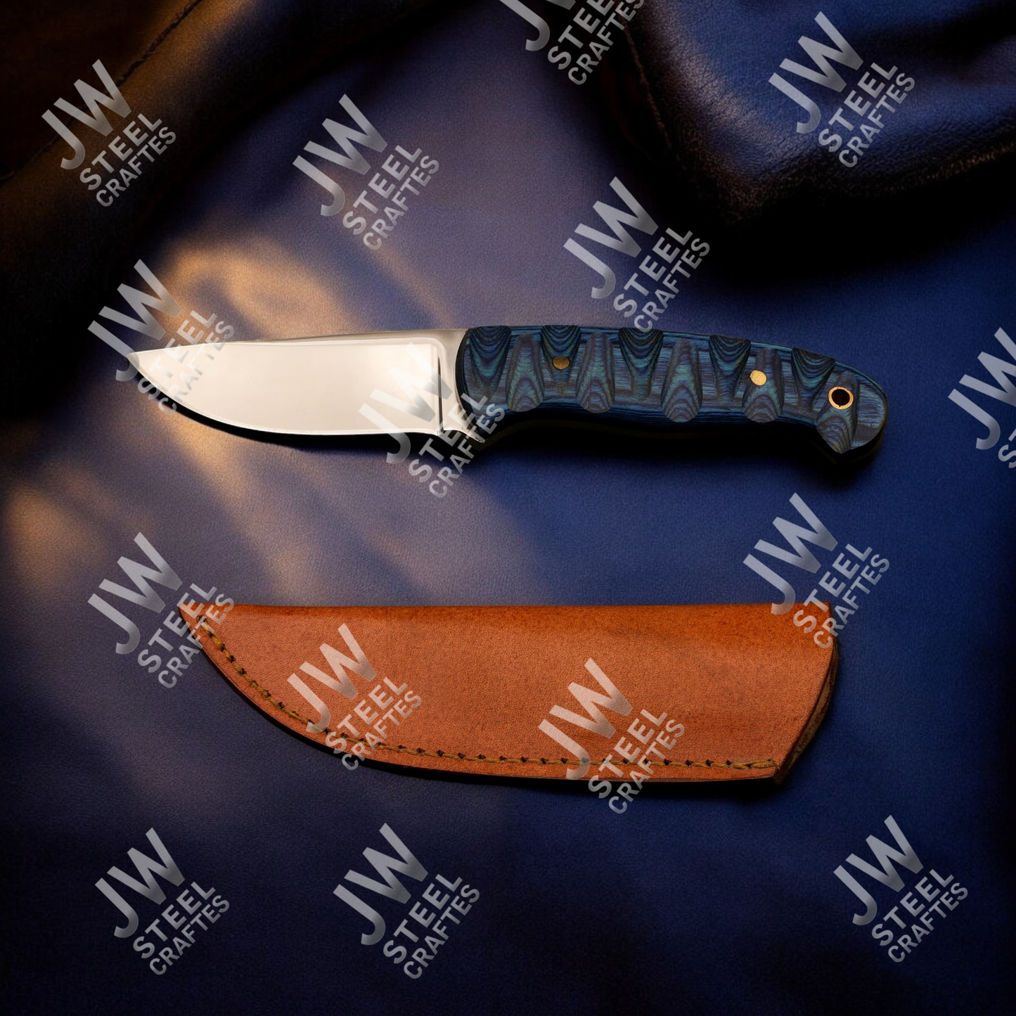 Hand Forged J2 Stainless Steel Skinner Knife with Blue Pakka Wood Handle & Leather Sheath – Hunting, Camping, EDC