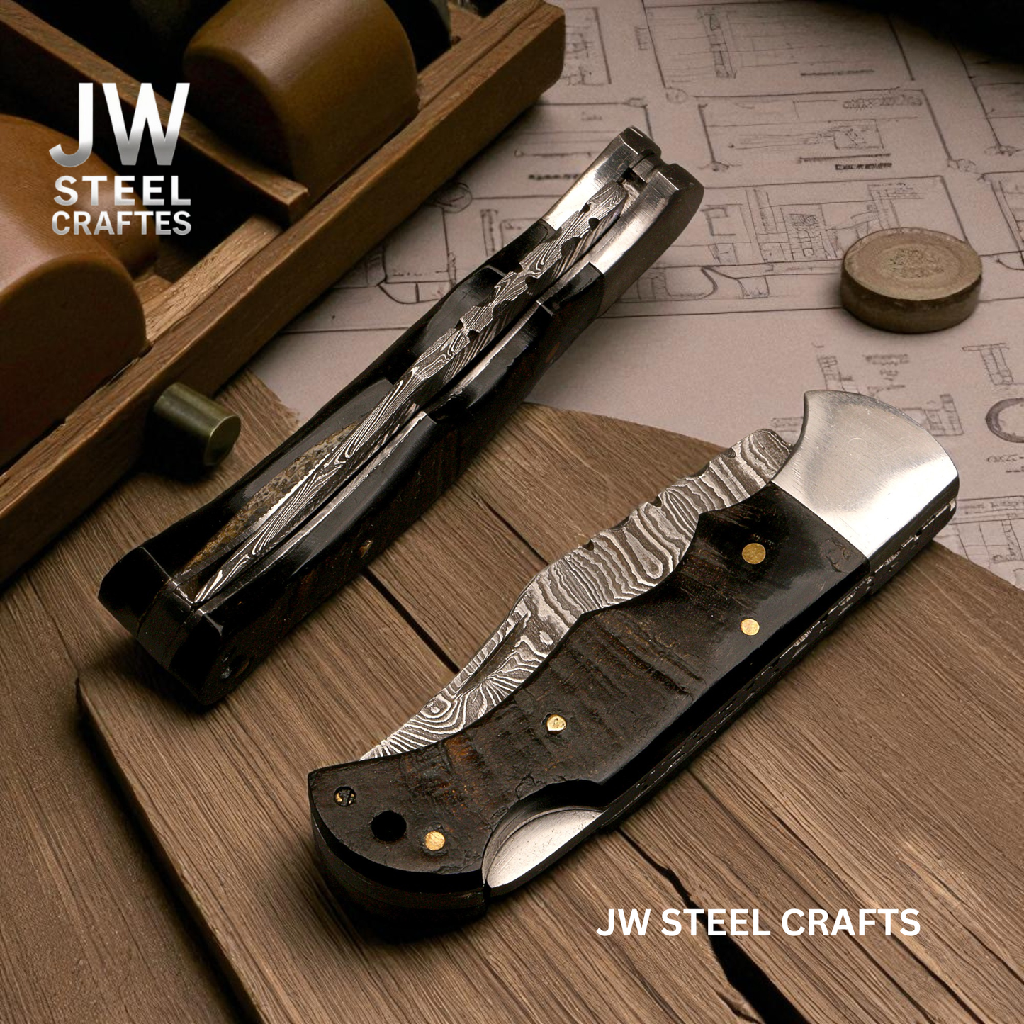 Hand-Forged Damascus Folding Knife – Engraved Steel Blade with American Flag & Ebony Handle – Pocket Knife Gift by JW Steel Crafts