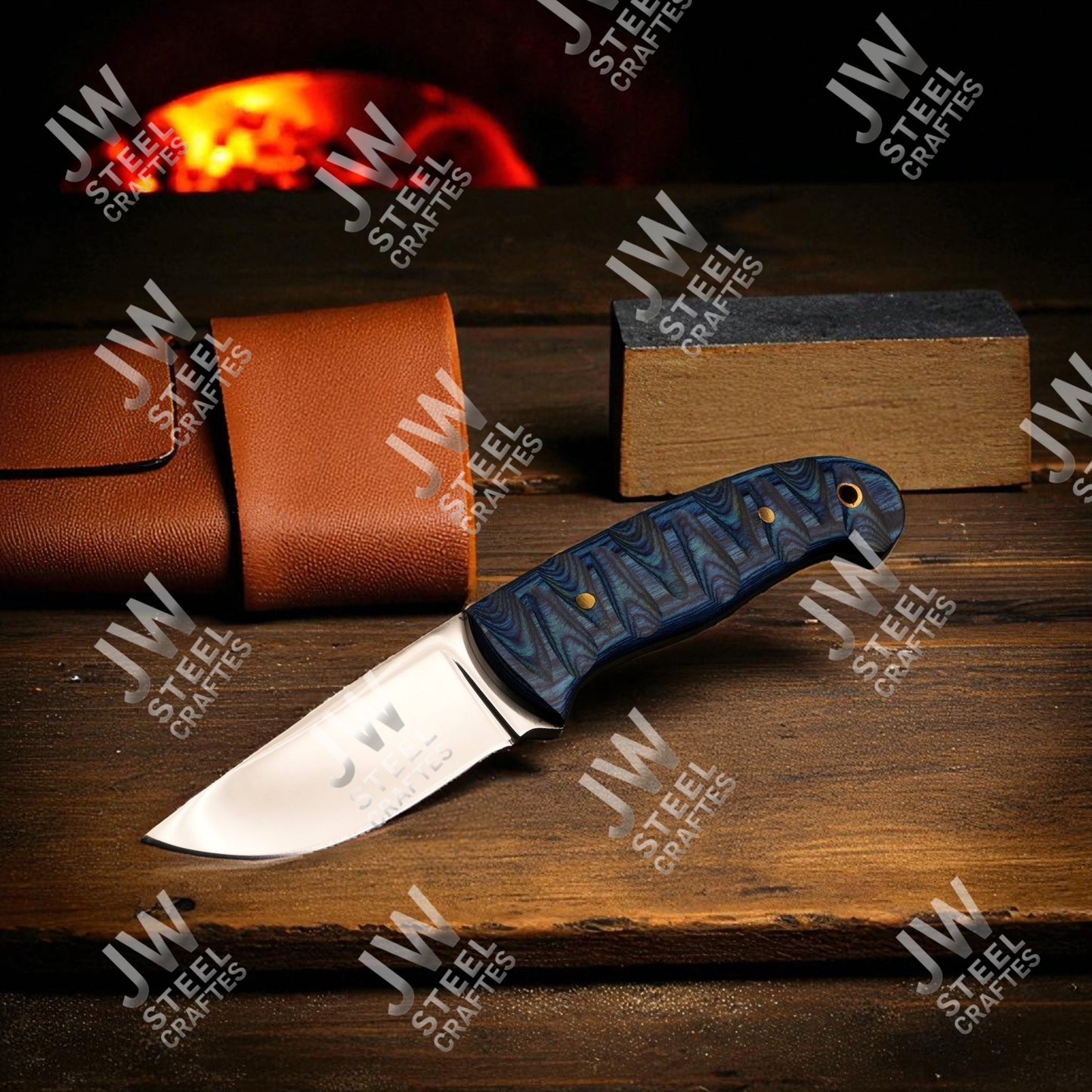 Hand Forged J2 Stainless Steel Skinner Knife with Blue Pakka Wood Handle & Leather Sheath – Hunting, Camping, EDC