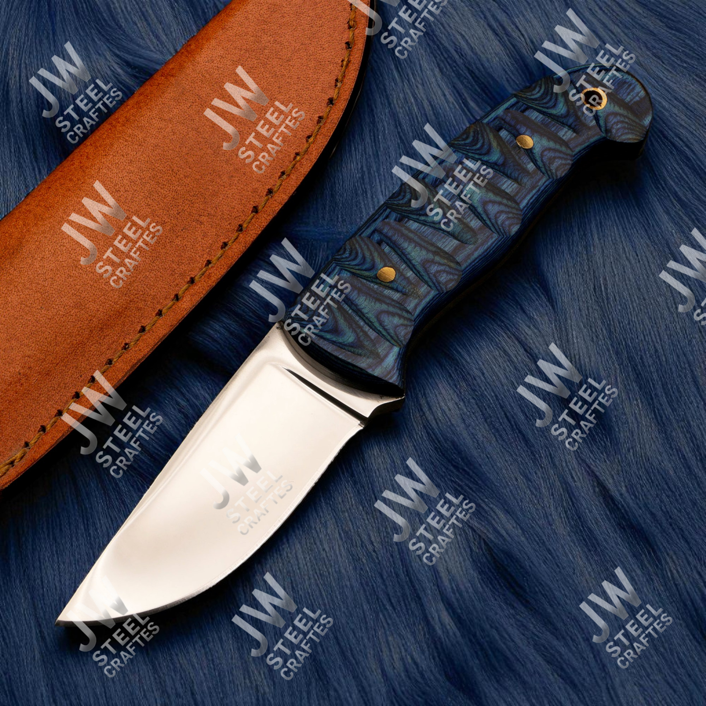 Hand Forged J2 Stainless Steel Skinner Knife with Blue Pakka Wood Handle & Leather Sheath – Hunting, Camping, EDC