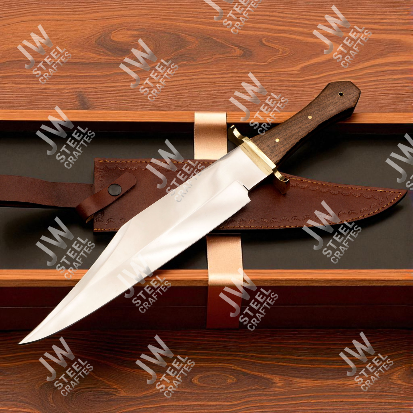 Hand Forged High Carbon Steel Bowie Knife with Rosewood Handle & Leather Sheath – 20" Hunting, Camping, Survival Knife
