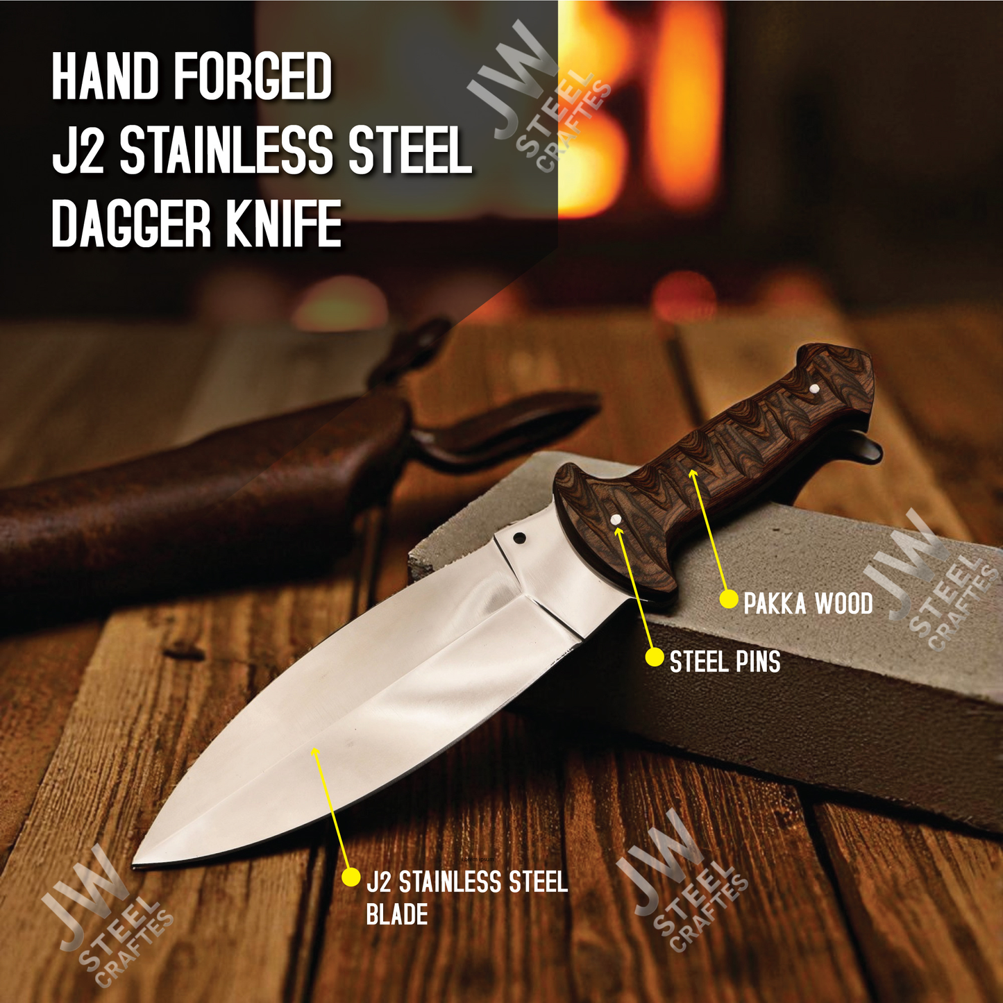 Hand Forged J2 Stainless Steel Dagger Knife with Pakka Wood Handle & Leather Sheath | 13.5" Hunting, Camping & Collectible Blade