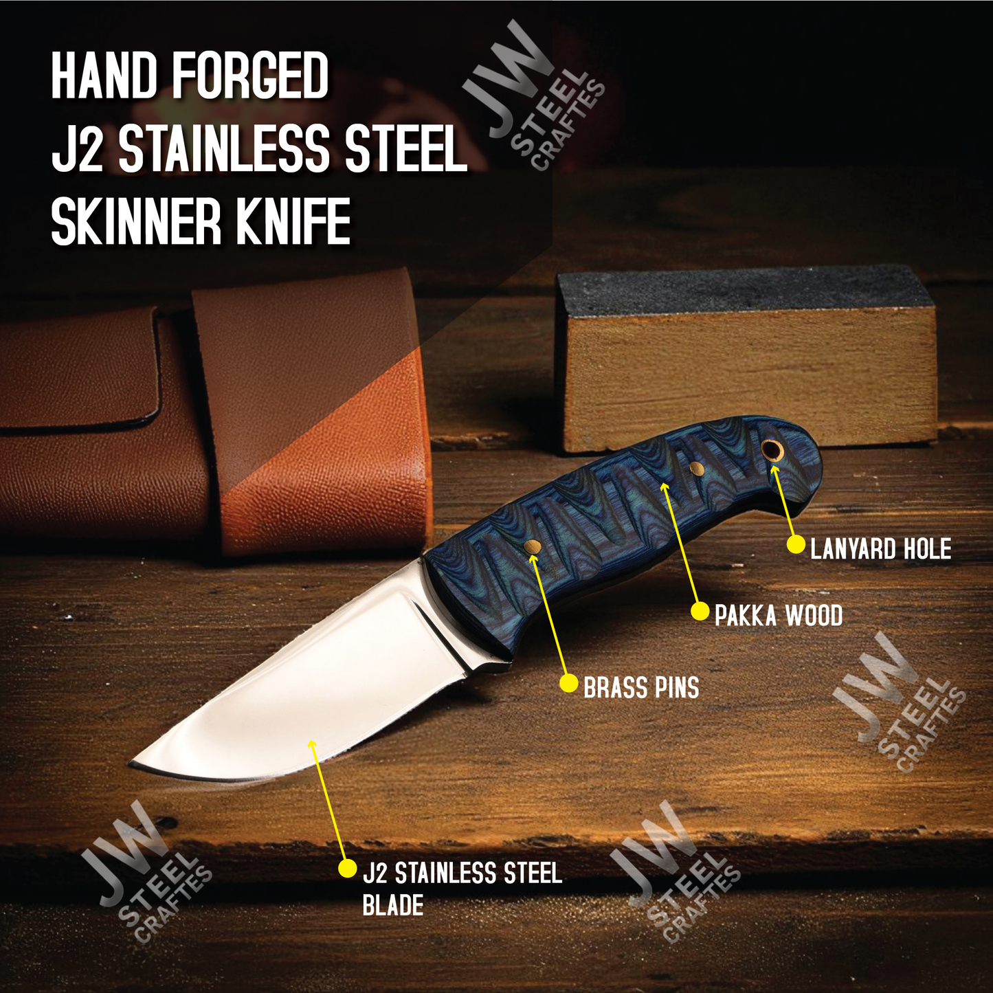 Hand Forged J2 Stainless Steel Skinner Knife with Blue Pakka Wood Handle & Leather Sheath – Hunting, Camping, EDC