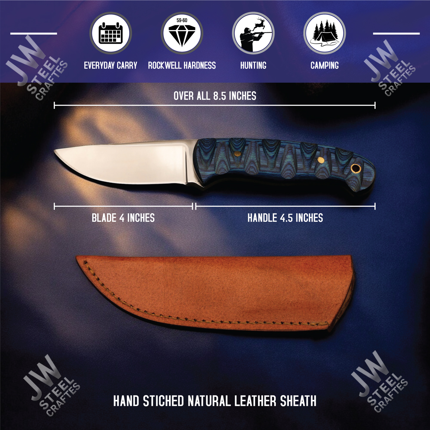 Hand Forged J2 Stainless Steel Skinner Knife with Blue Pakka Wood Handle & Leather Sheath – Hunting, Camping, EDC