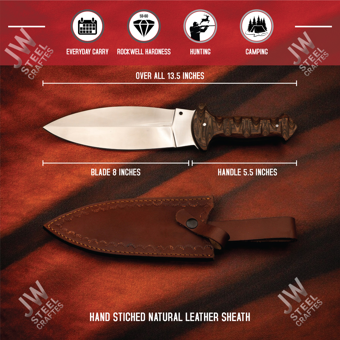 Hand Forged J2 Stainless Steel Dagger Knife with Pakka Wood Handle & Leather Sheath | 13.5" Hunting, Camping & Collectible Blade