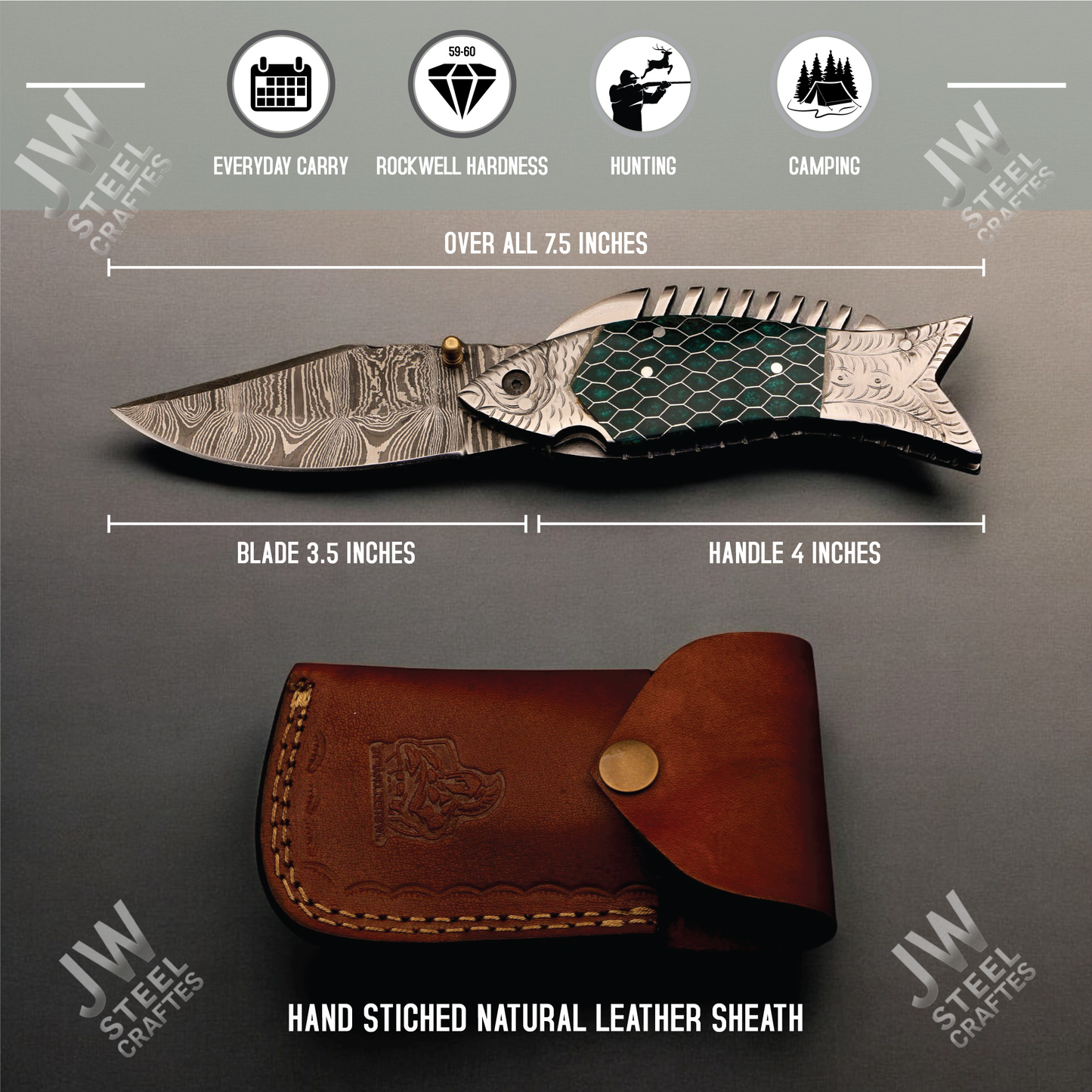 Handmade Fish Folding Knife – Damascus Steel Blade with Unique Handle