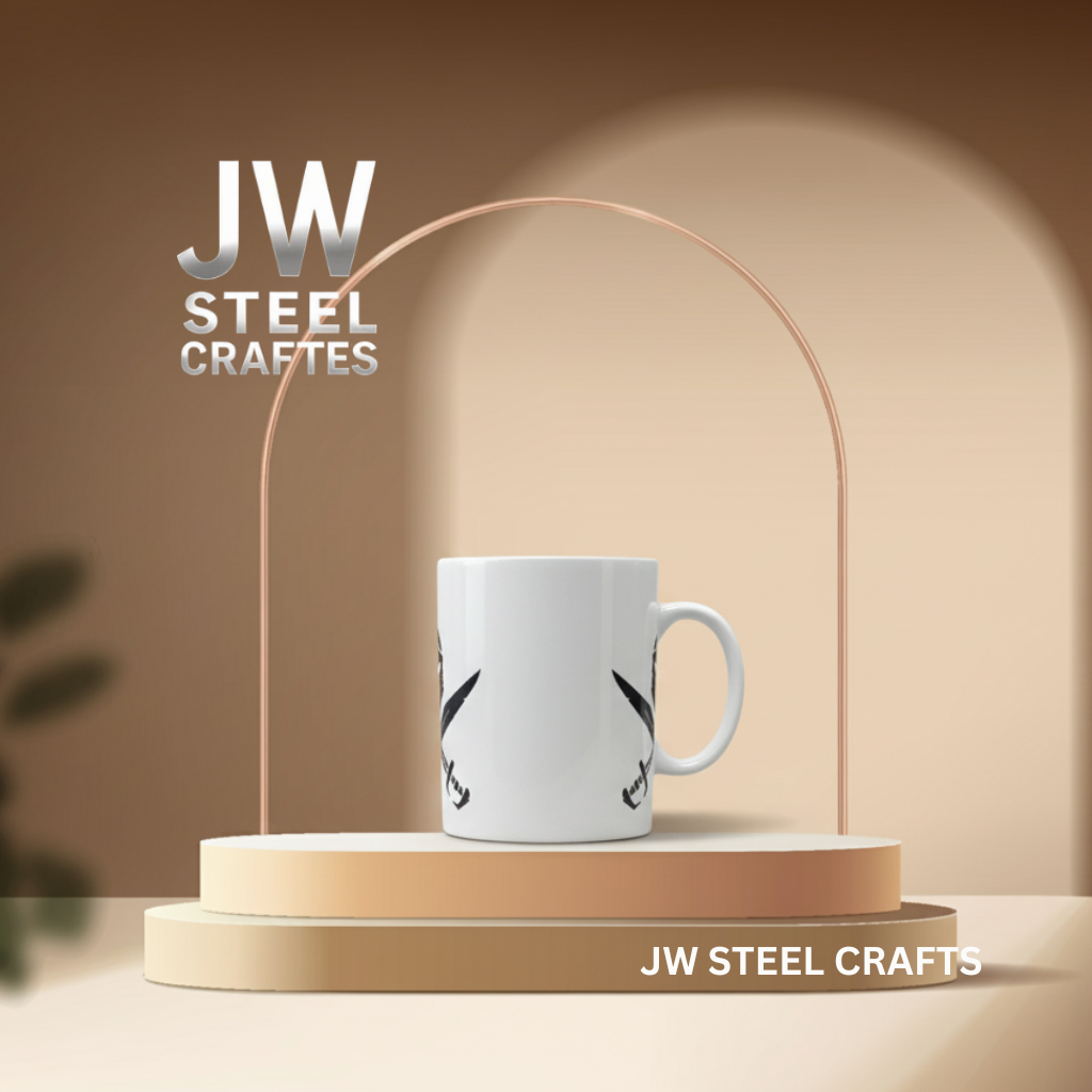 White Ceramic Mug with Heritage Art Print – Handcrafted Coffee Cup | JW Steel Crafts