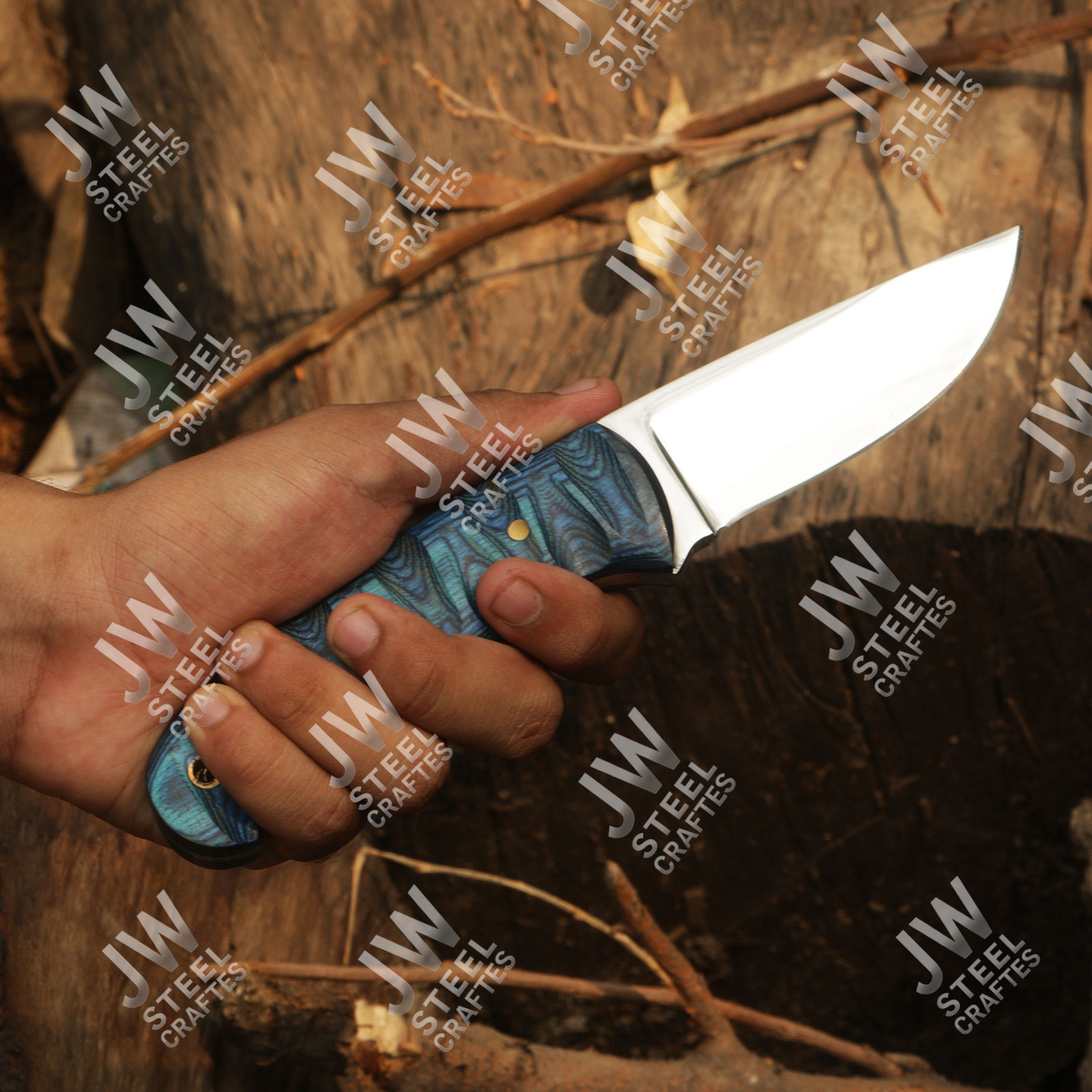 Hand Forged J2 Stainless Steel Skinner Knife with Blue Pakka Wood Handle & Leather Sheath – Hunting, Camping, EDC