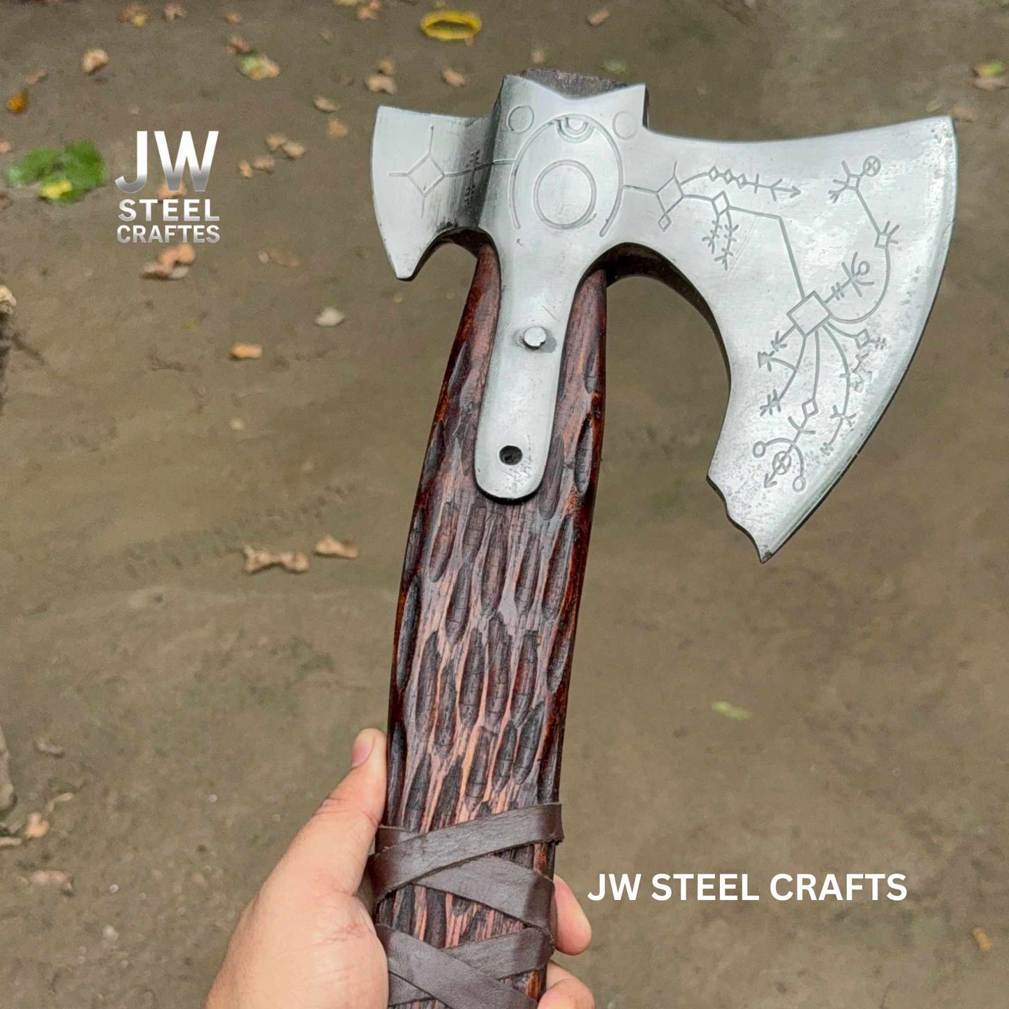Hand-Forged Viking Axe – Rune Engraved Steel Blade & Carved Wooden Handle