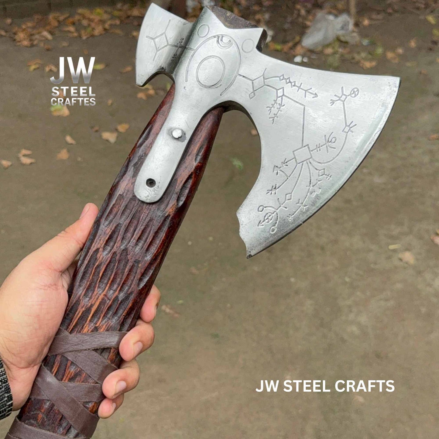 Hand-Forged Viking Axe – Rune Engraved Steel Blade & Carved Wooden Handle