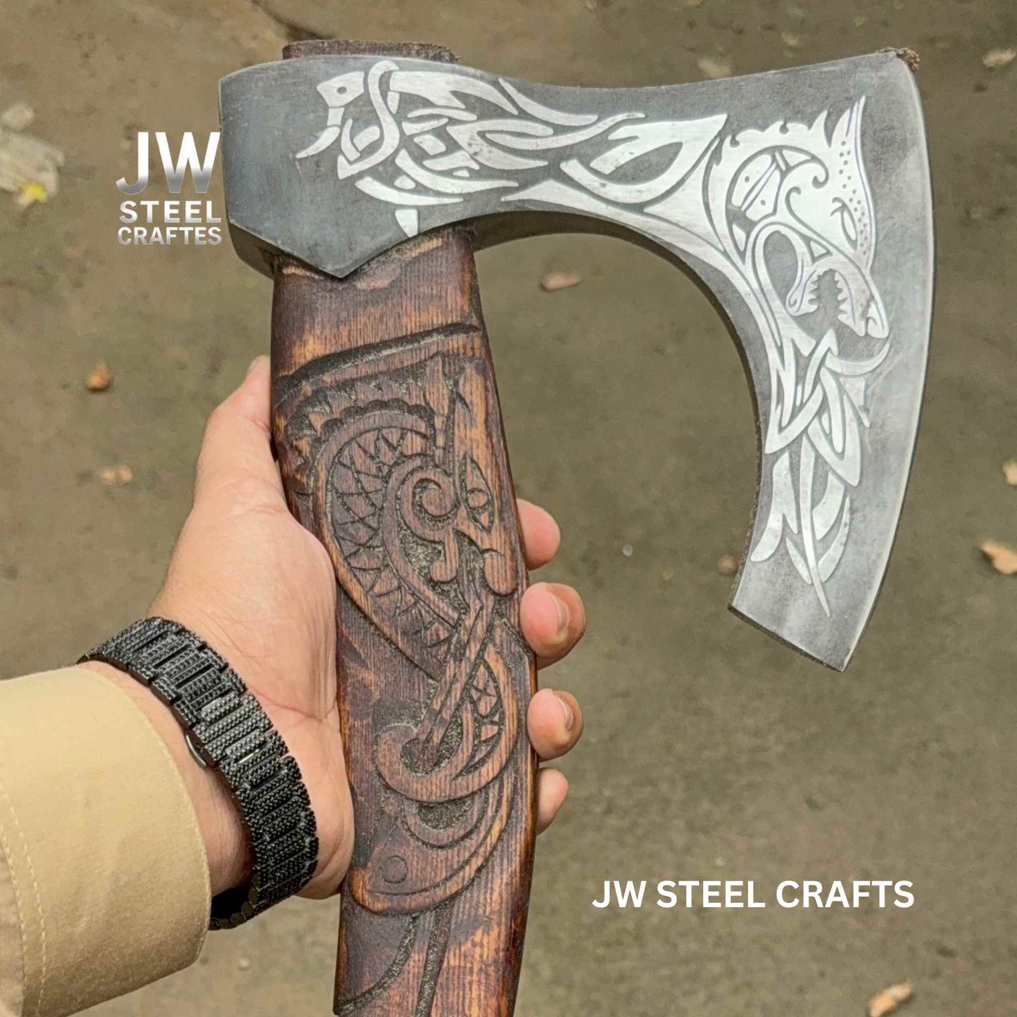 Hand-Forged Viking Axe – Wolf Engraved Steel Blade & Carved Wood Handle