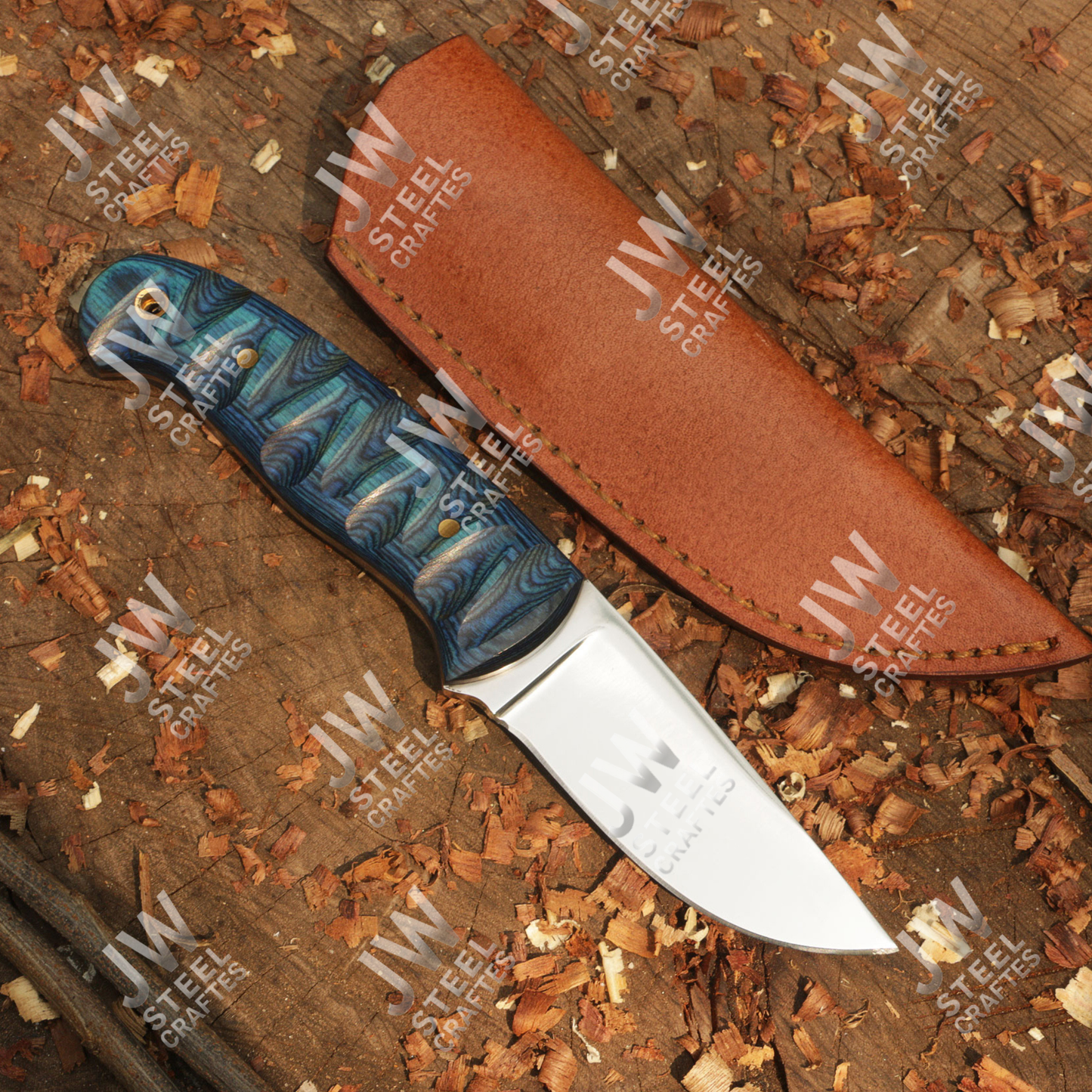 Hand Forged J2 Stainless Steel Skinner Knife with Blue Pakka Wood Handle & Leather Sheath – Hunting, Camping, EDC