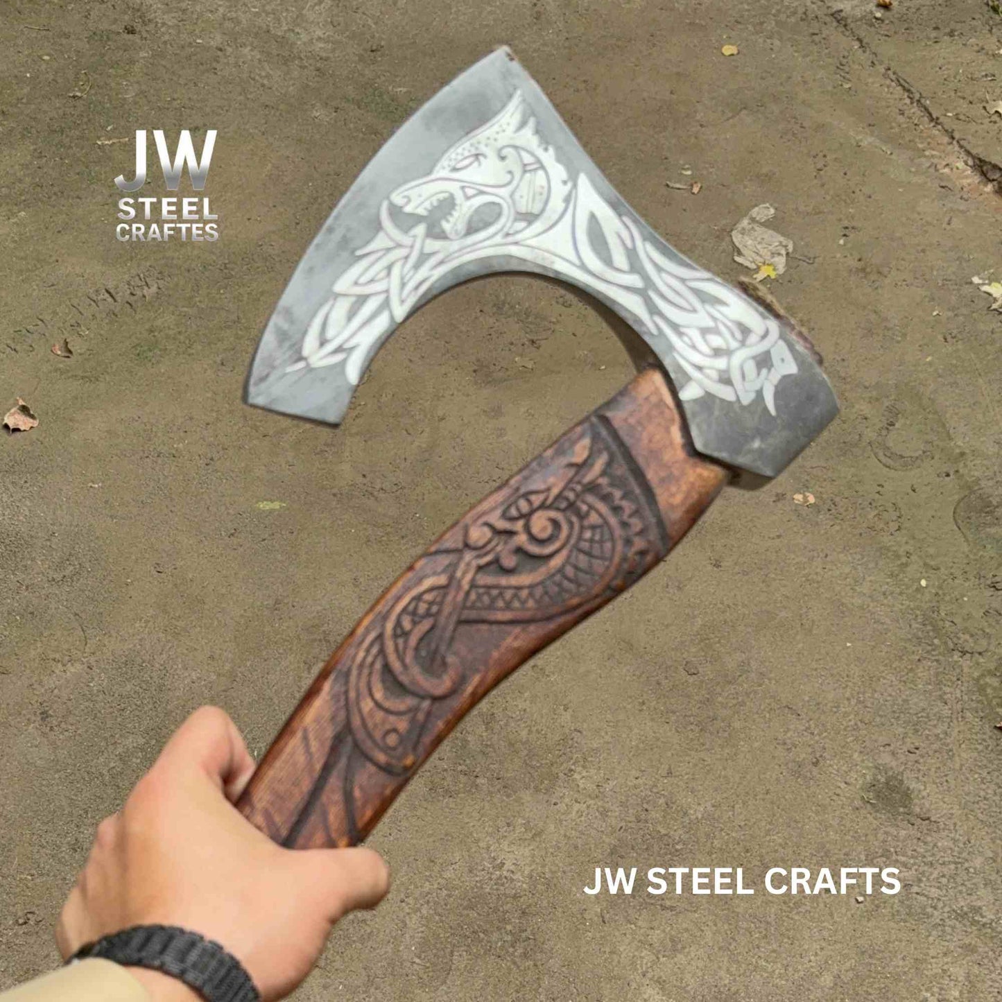 Hand-Forged Viking Axe – Wolf Engraved Steel Blade & Carved Wood Handle