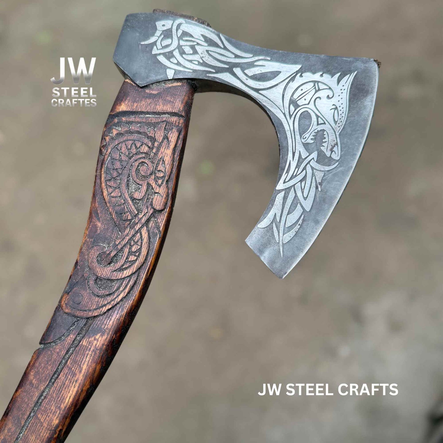 Hand-Forged Viking Axe – Wolf Engraved Steel Blade & Carved Wood Handle