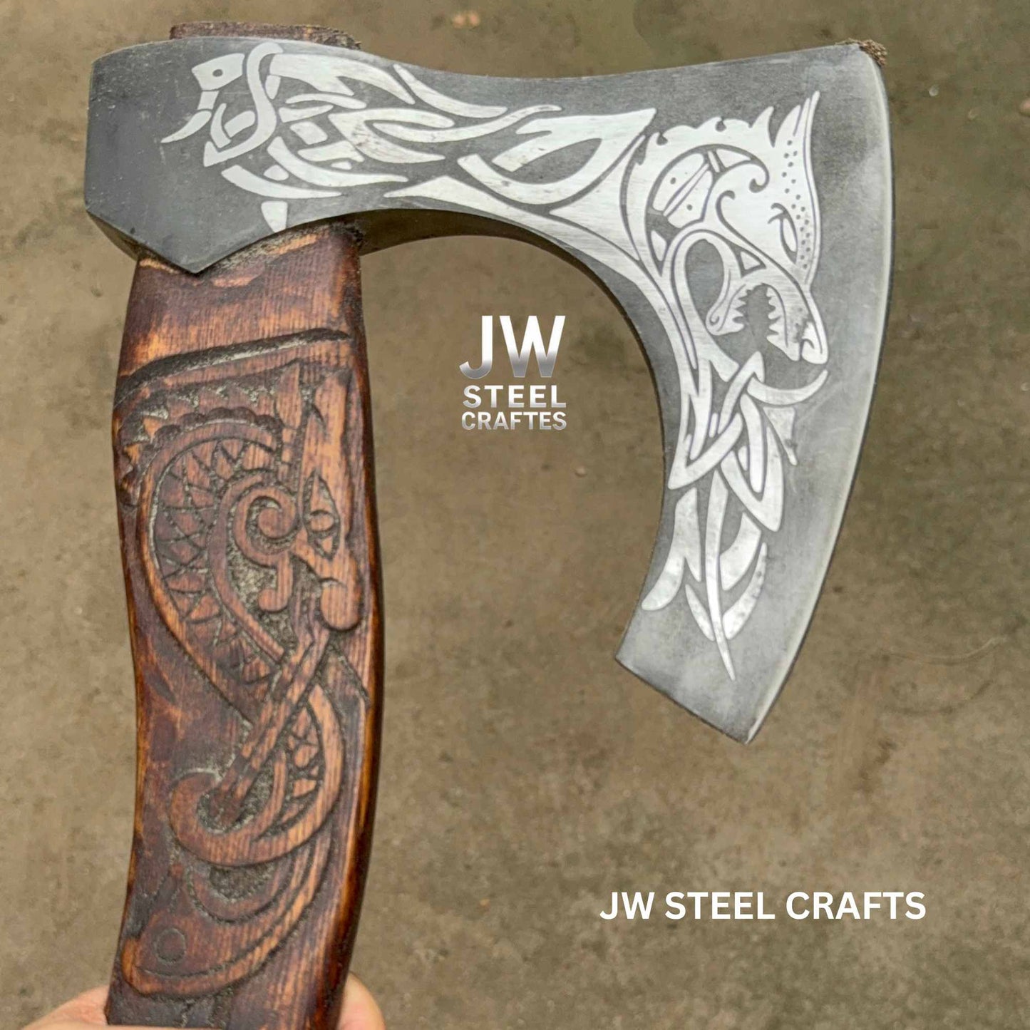 Hand-Forged Viking Axe – Wolf Engraved Steel Blade & Carved Wood Handle