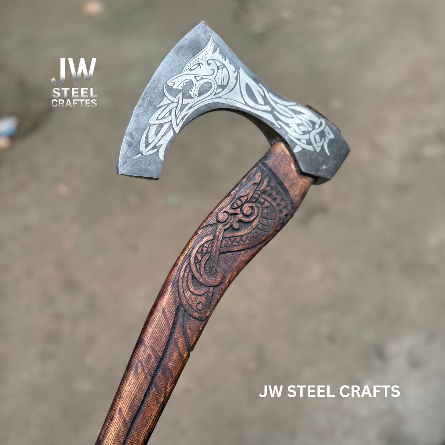 Hand-Forged Viking Axe – Wolf Engraved Steel Blade & Carved Wood Handle