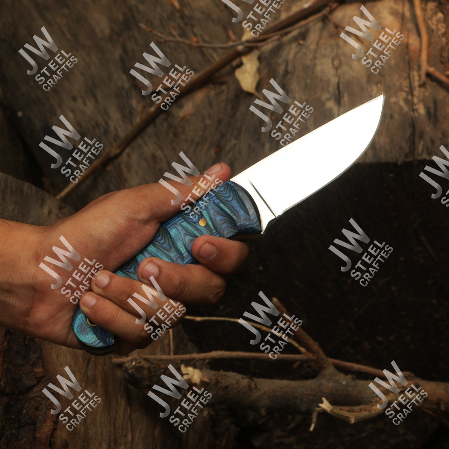 Hand Forged J2 Stainless Steel Skinner Knife with Blue Pakka Wood Handle & Leather Sheath – Hunting, Camping, EDC