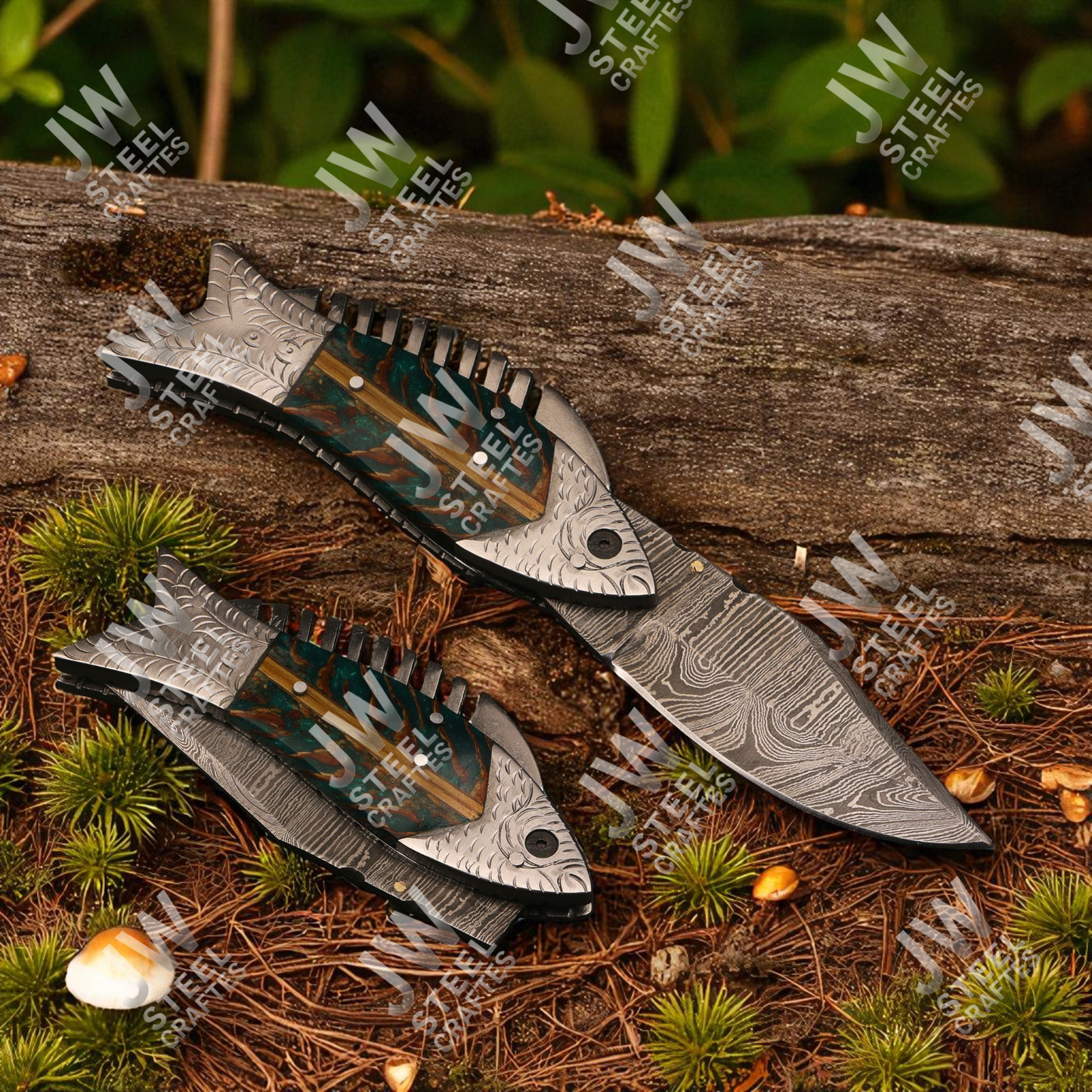 Handmade Fish Folding Knife – Damascus Steel Blade with Unique Handle