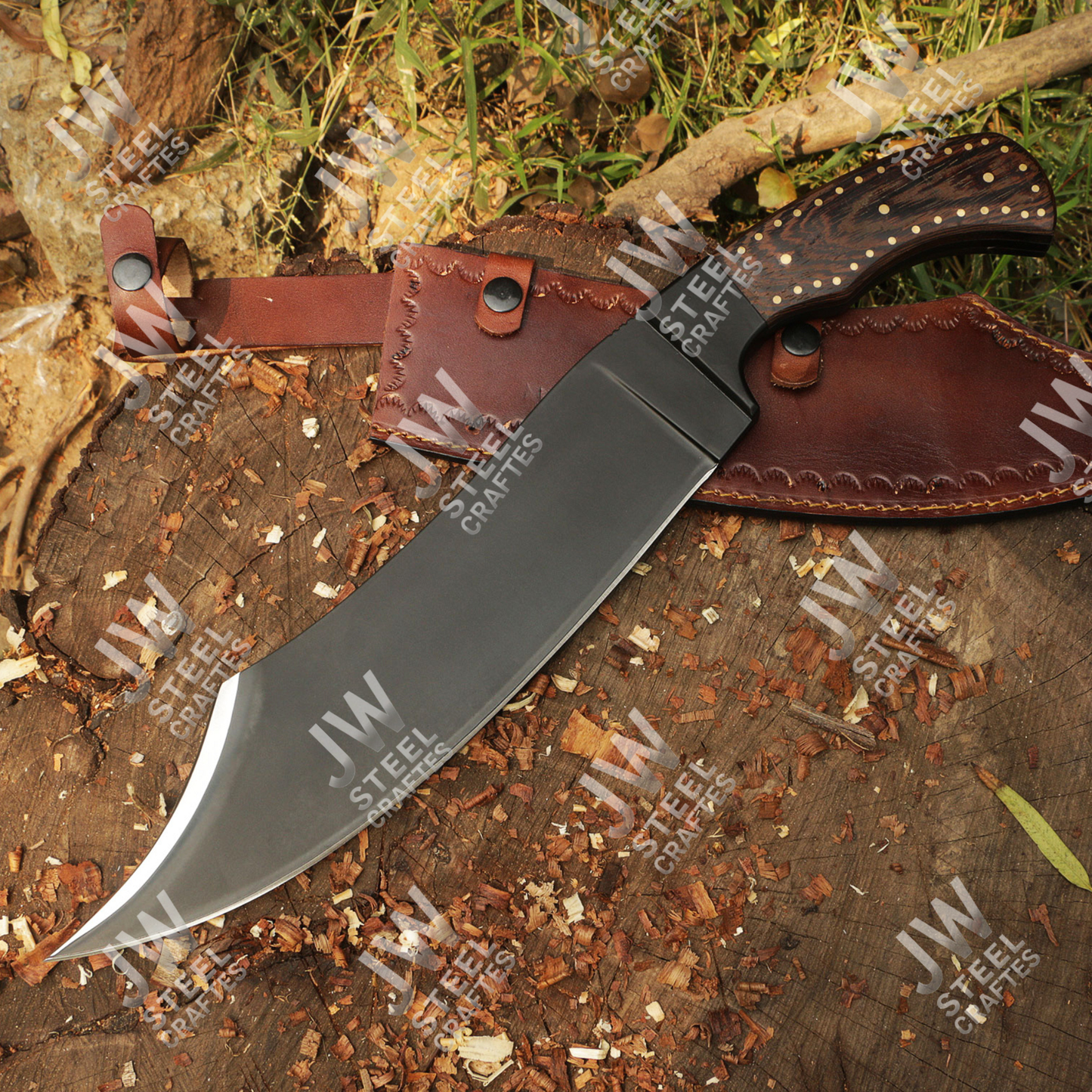 Hand Forged J2 Stainless Steel Skinner Knife with Blue Pakka Wood Handle & Leather Sheath – Hunting, Camping, Everyday Carry