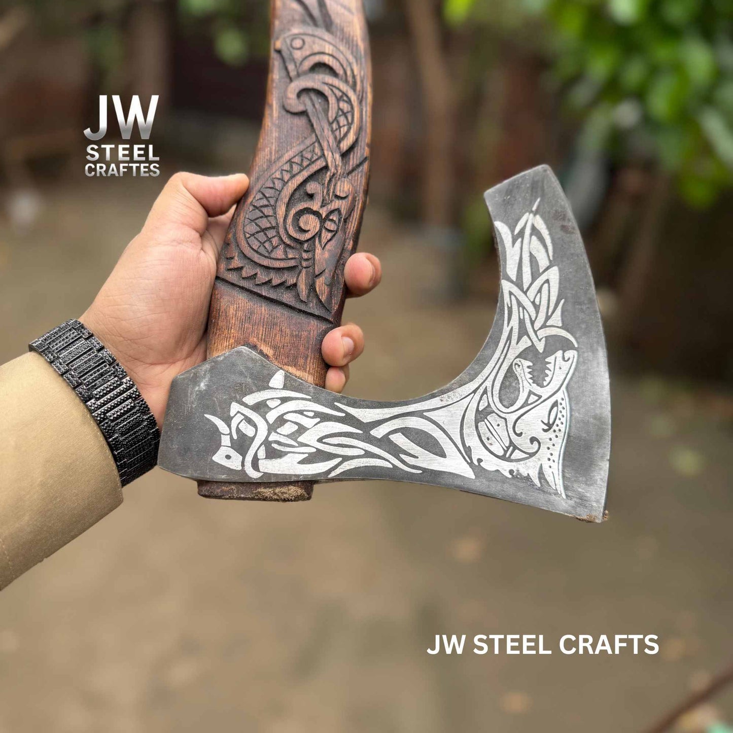 Hand-Forged Viking Axe – Wolf Engraved Steel Blade & Carved Wood Handle