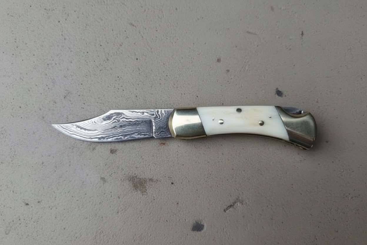 Handmade Damascus steel folding pocket knife with a curved clip-point blade showing layered Damascus patterns, polished brass bolsters, and a smooth ivory-tone handle scale, photographed on a neutral gray surface by JW SteelCrafts.