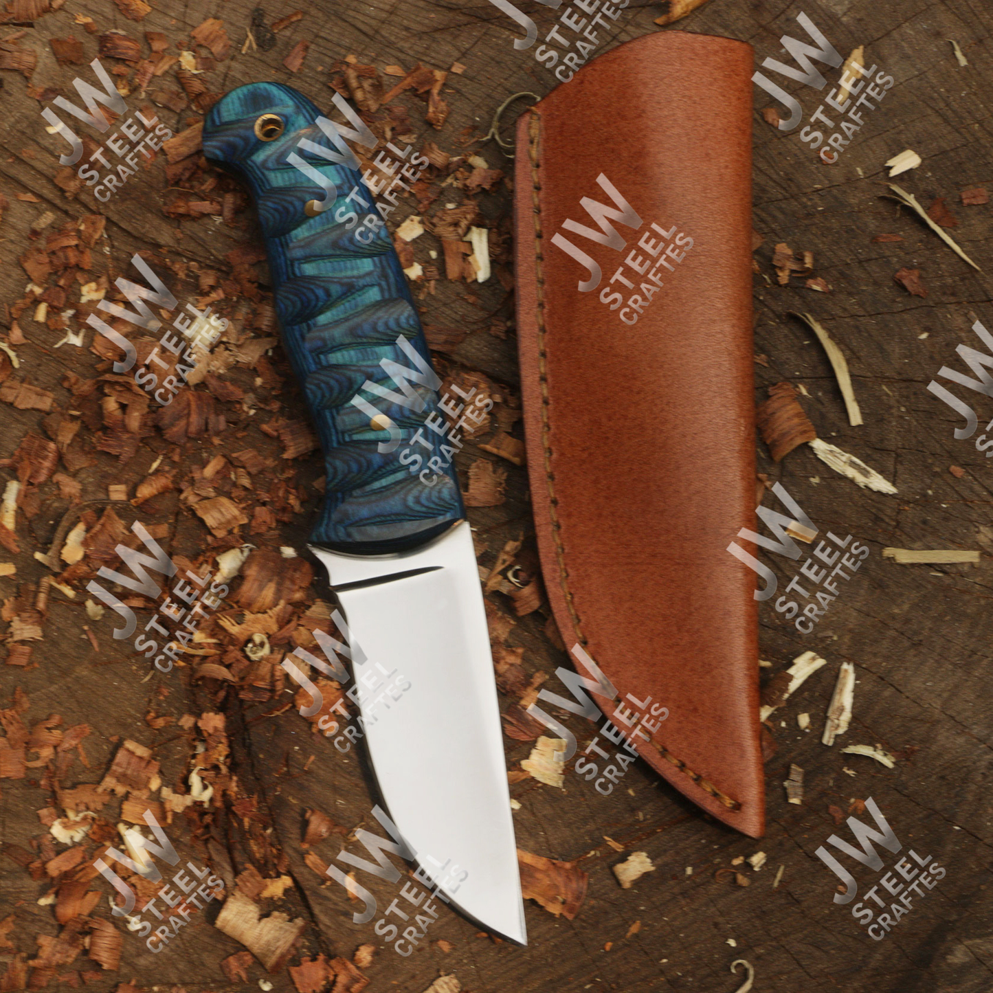 Hand Forged J2 Stainless Steel Skinner Knife with Blue Pakka Wood Handle & Leather Sheath – Hunting, Camping, EDC