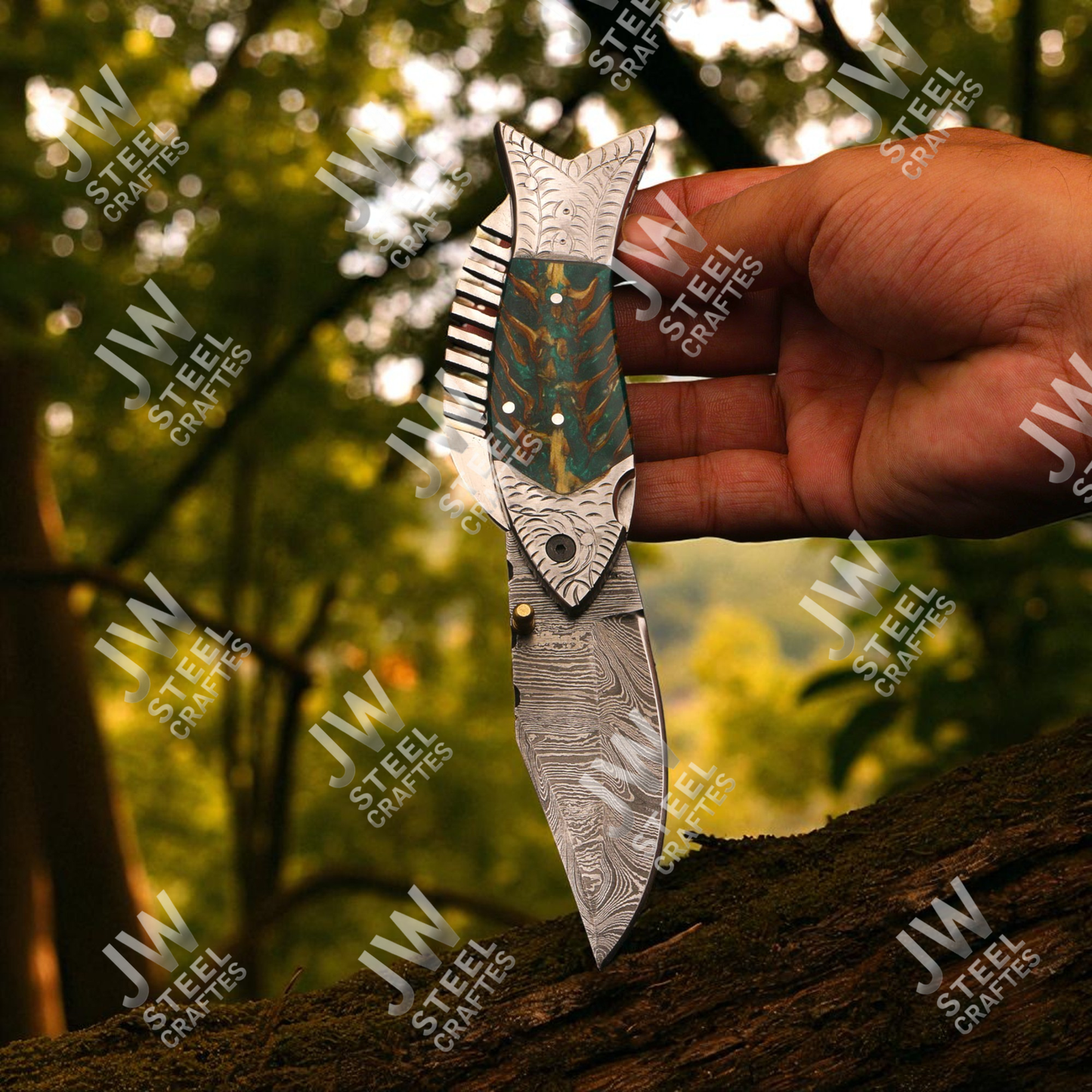 Hand-Forged Damascus Steel Folding Knife – Fish Design with Green-Brown Resin Handle & Leather Sheath | Custom Collectible Gift for Him