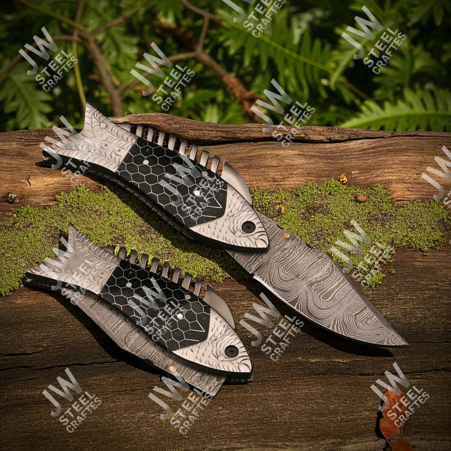 Hand-Forged Damascus Steel Folding Knife – Fish Design Pocket Knife with Resin Handle & Leather Sheath | Unique Collectible Gift for Him