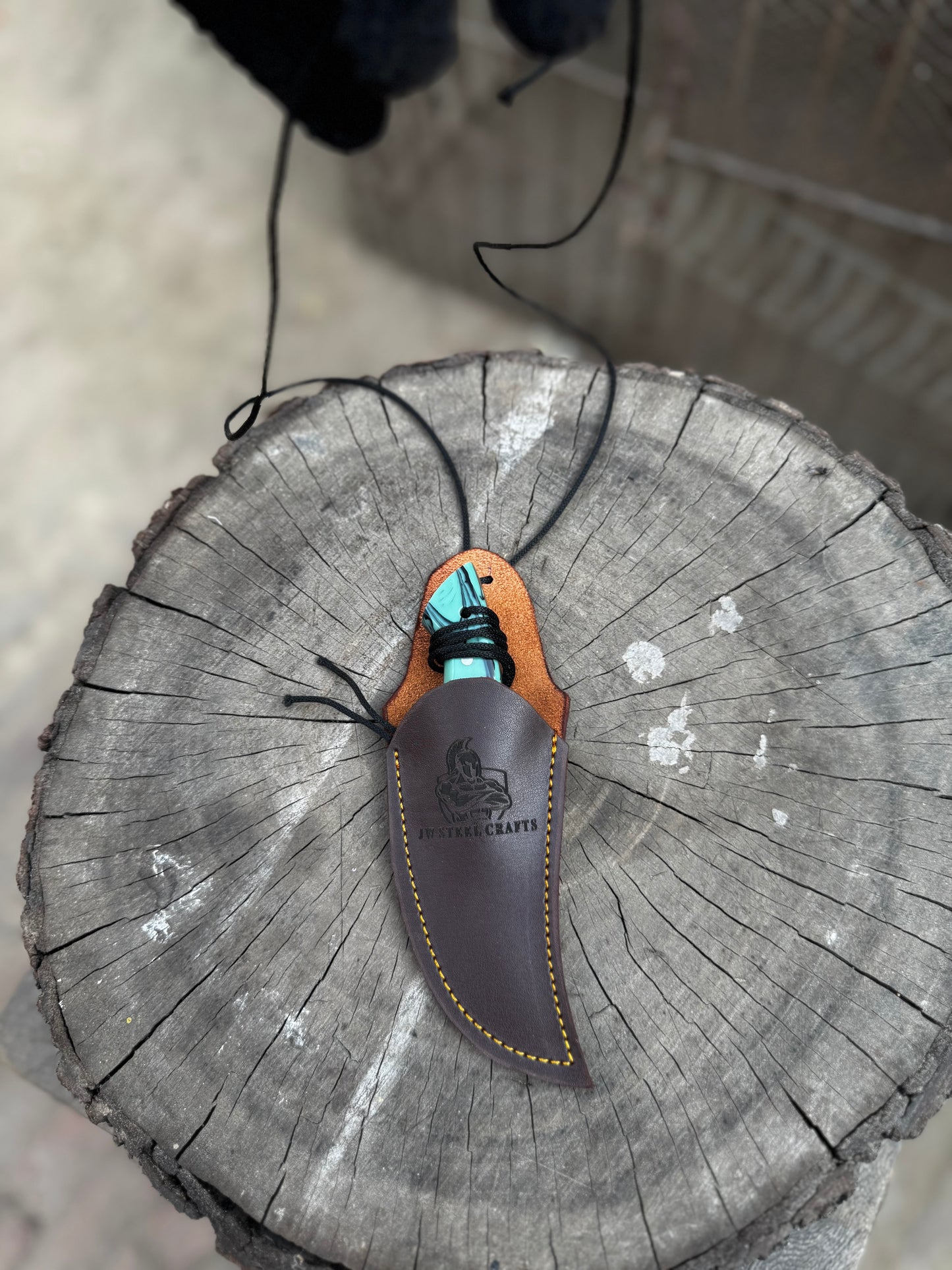 Neck Knife with Leather Sheath – Mini Damascus Pattern Blade | Green Resin Handle | JW SteelCrafts