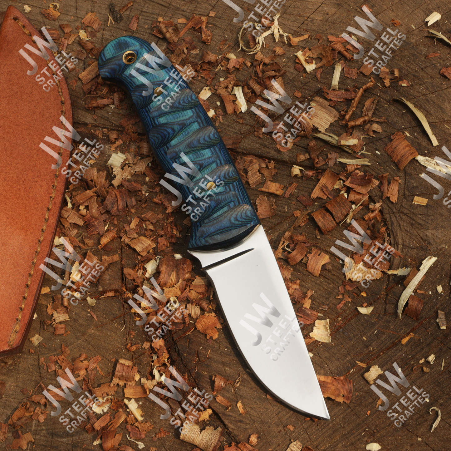 Hand Forged J2 Stainless Steel Skinner Knife with Blue Pakka Wood Handle & Leather Sheath – Hunting, Camping, EDC