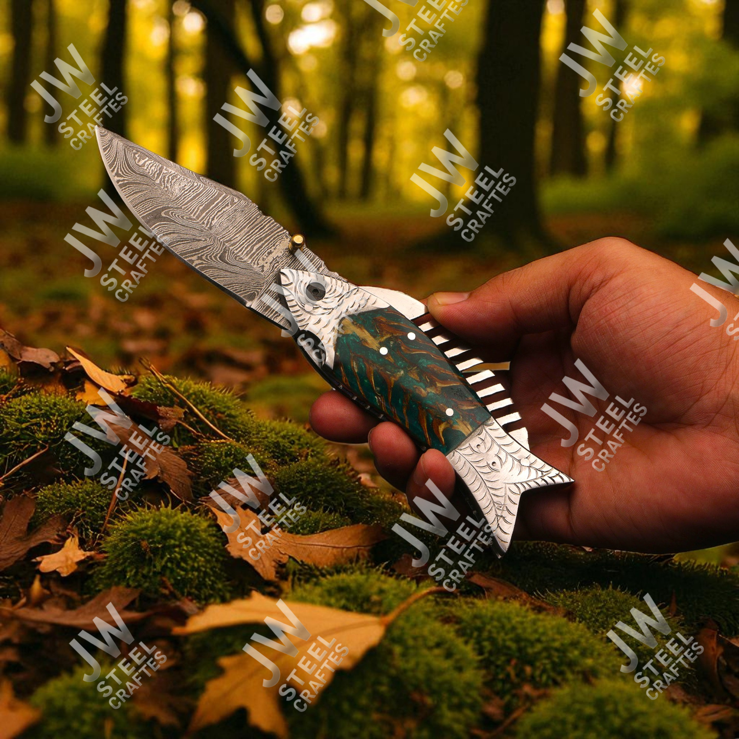 Hand-Forged Damascus Steel Folding Knife – Fish Design with Green-Brown Resin Handle & Leather Sheath | Custom Collectible Gift for Him
