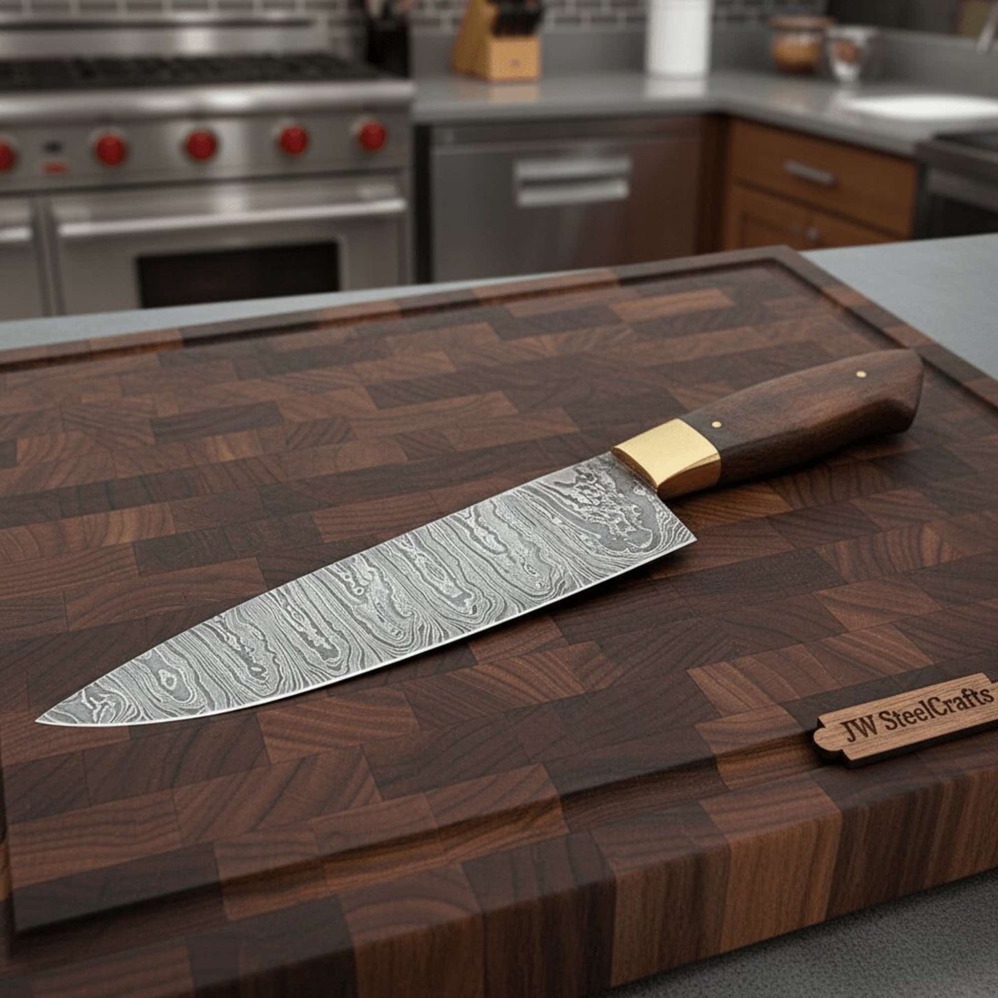 JW SteelCrafts handmade Damascus chef knife with wood handle and brass bolster on wooden cutting board.