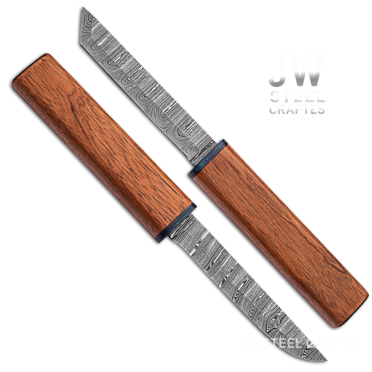 Two folding knives with wooden handles and Damascus steel blades on a white background, branded 'JW Steel Craftes'.