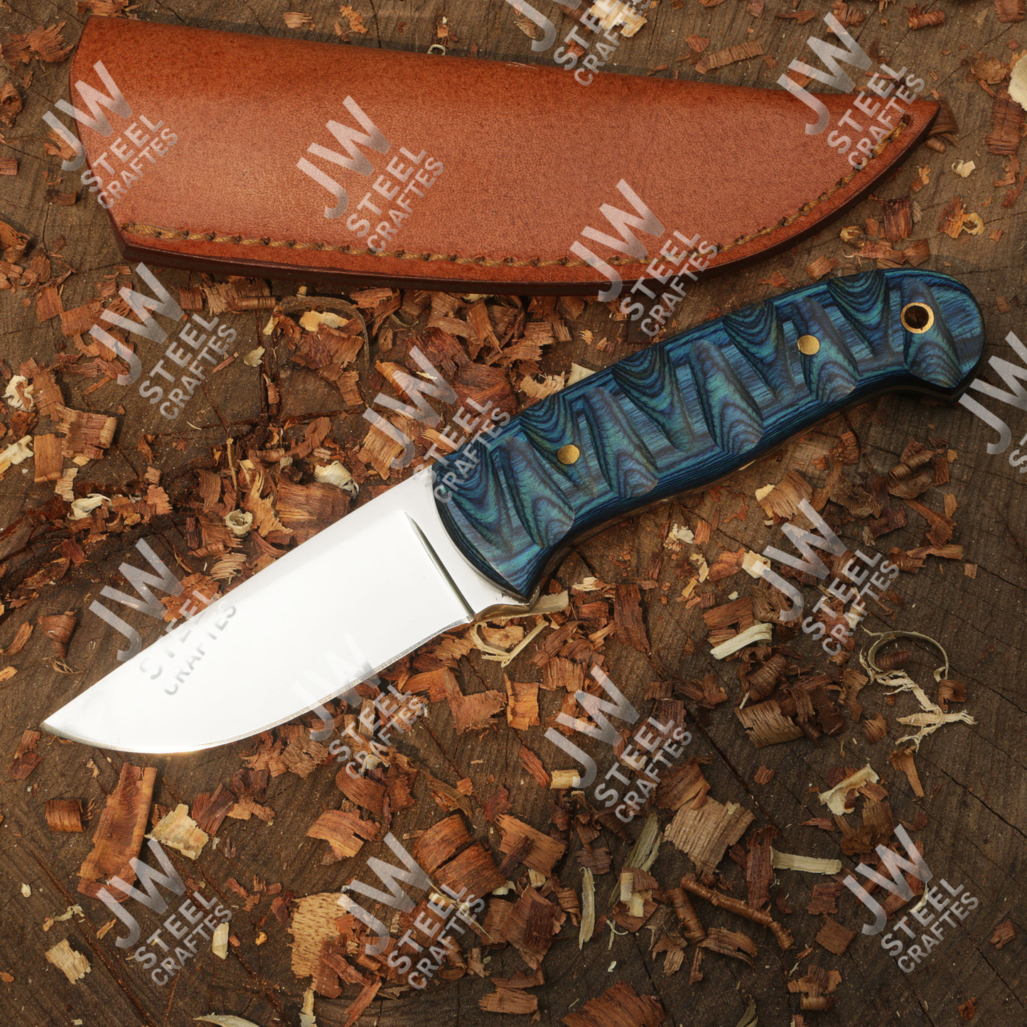 Hand Forged J2 Stainless Steel Skinner Knife with Blue Pakka Wood Handle & Leather Sheath – Hunting, Camping, EDC