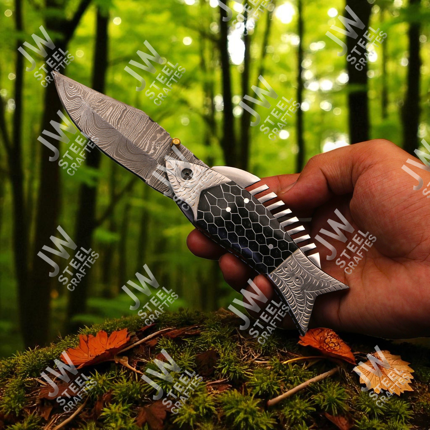 Hand-Forged Damascus Steel Folding Knife – Fish Design Pocket Knife with Resin Handle & Leather Sheath | Unique Collectible Gift for Him