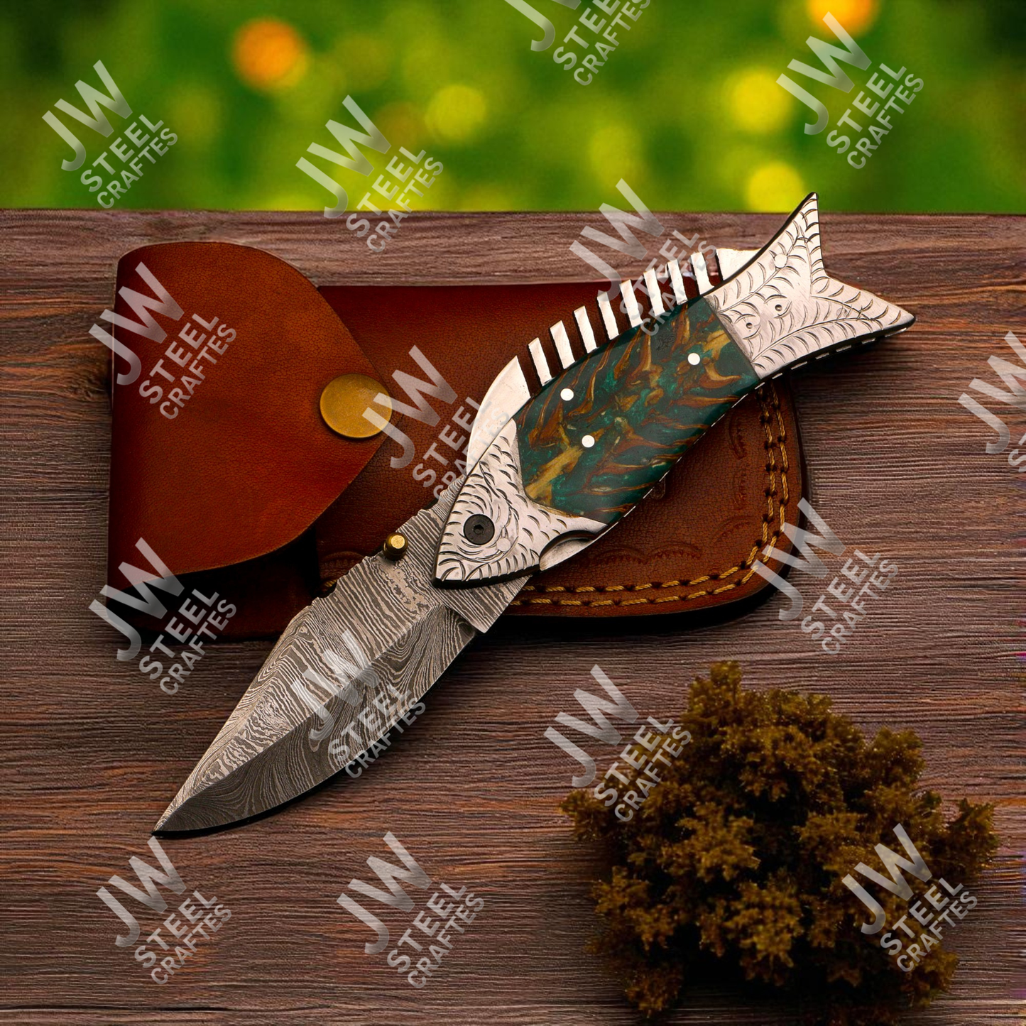 Hand-Forged Damascus Steel Folding Knife – Fish Design with Green-Brown Resin Handle & Leather Sheath | Custom Collectible Gift for Him