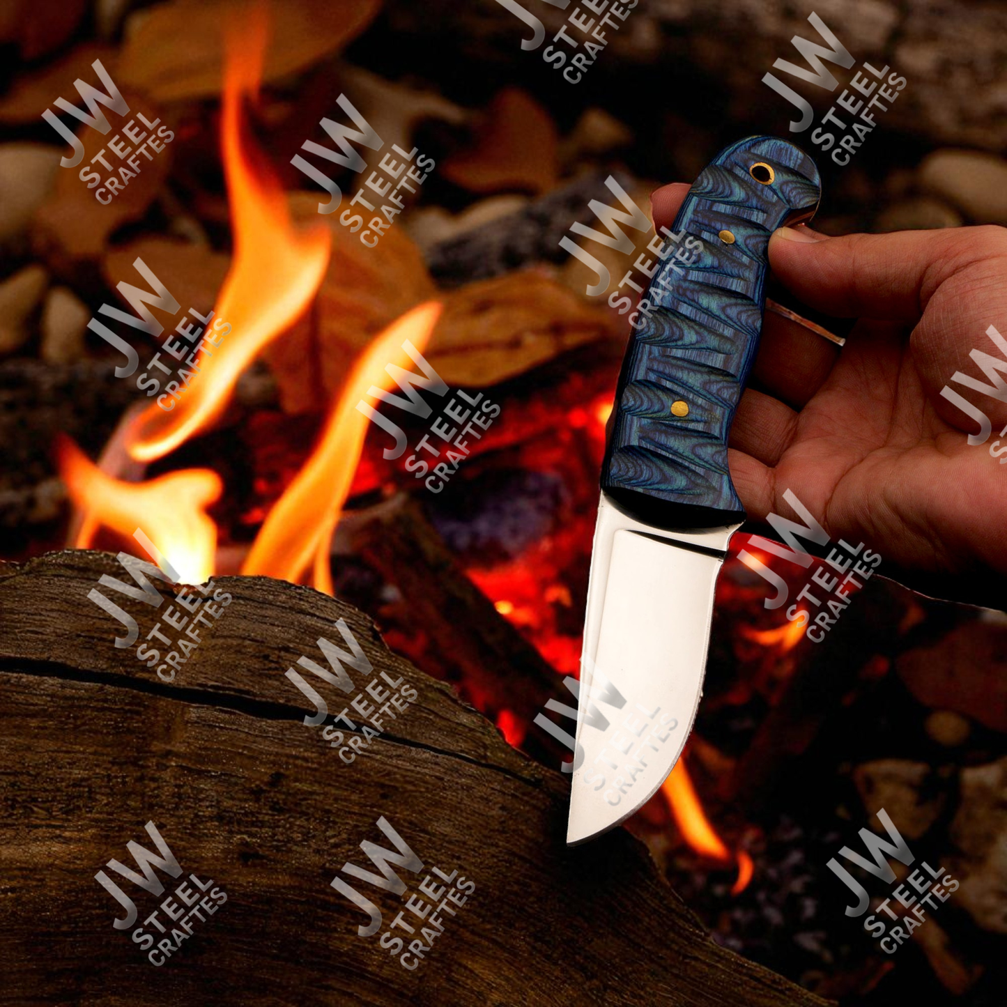 Hand Forged J2 Stainless Steel Skinner Knife with Blue Pakka Wood Handle & Leather Sheath – Hunting, Camping, EDC