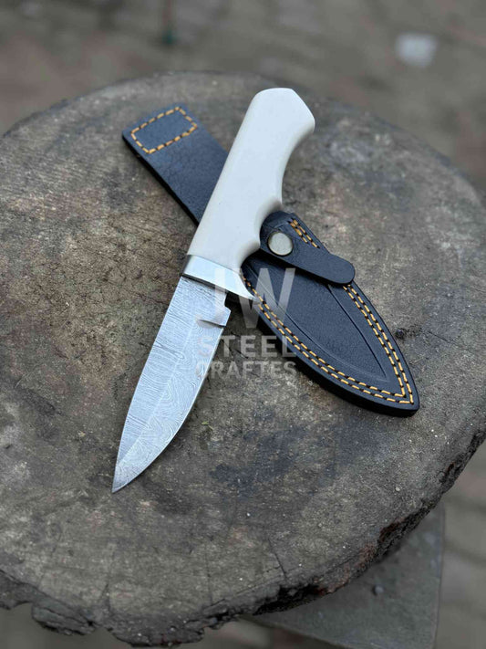 Handmade Damascus Hunting Knife with Handle Variations & Leather Sheath