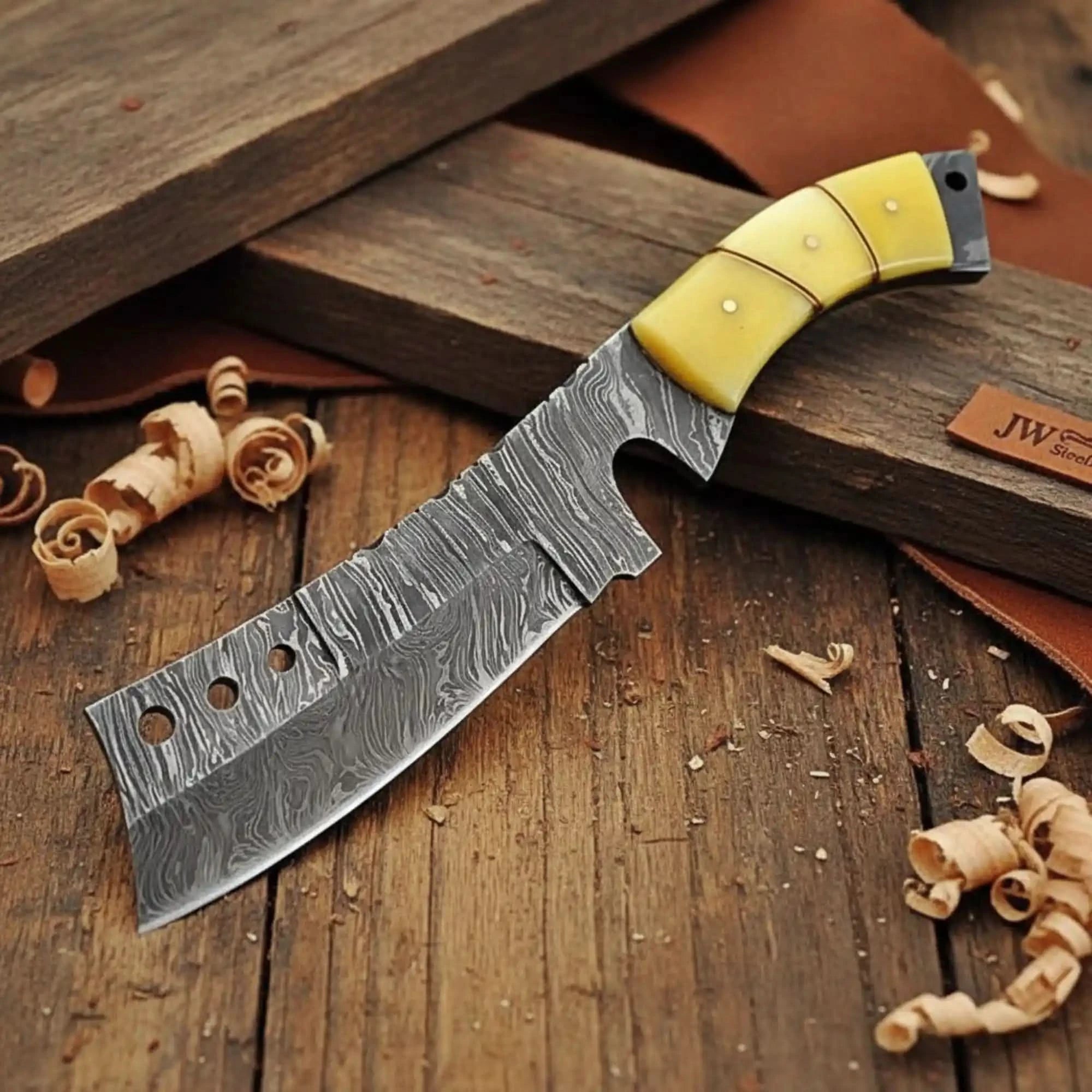 Handmade Damascus Tanto Knife with Camel Bone Handle | JW SteelCrafts